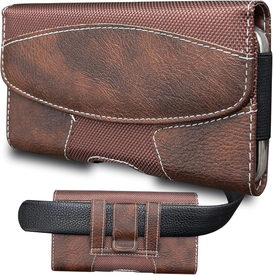 Leather Phone Holster for Men with Belt Clip, Cell Phone Holder for Galaxy A06/F06/M06/F14/XCover7/Moto Defy 2/BLU G64/TCL 60R/HMD Key,Belt Pouch Case Magnetic Closure (Brown-XXL)