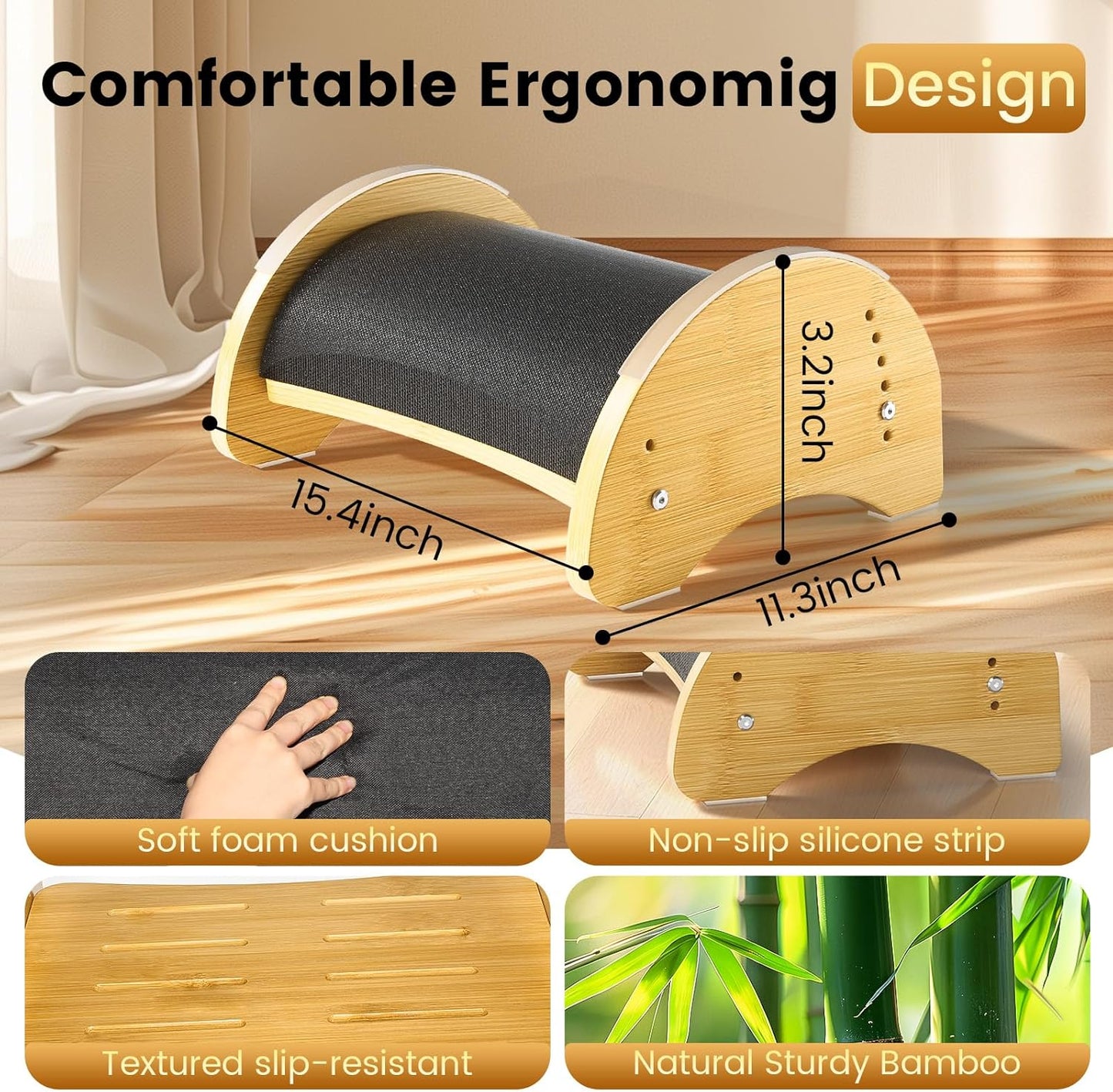 Bamboo Foot Rest for Under Desk at Work, Reversible Ergonomic Rocking Office Foot Rest, 6 Heights Adjustable & Non-Slip Mats with Foam Cushion, Under Desk Footrest for Home Office