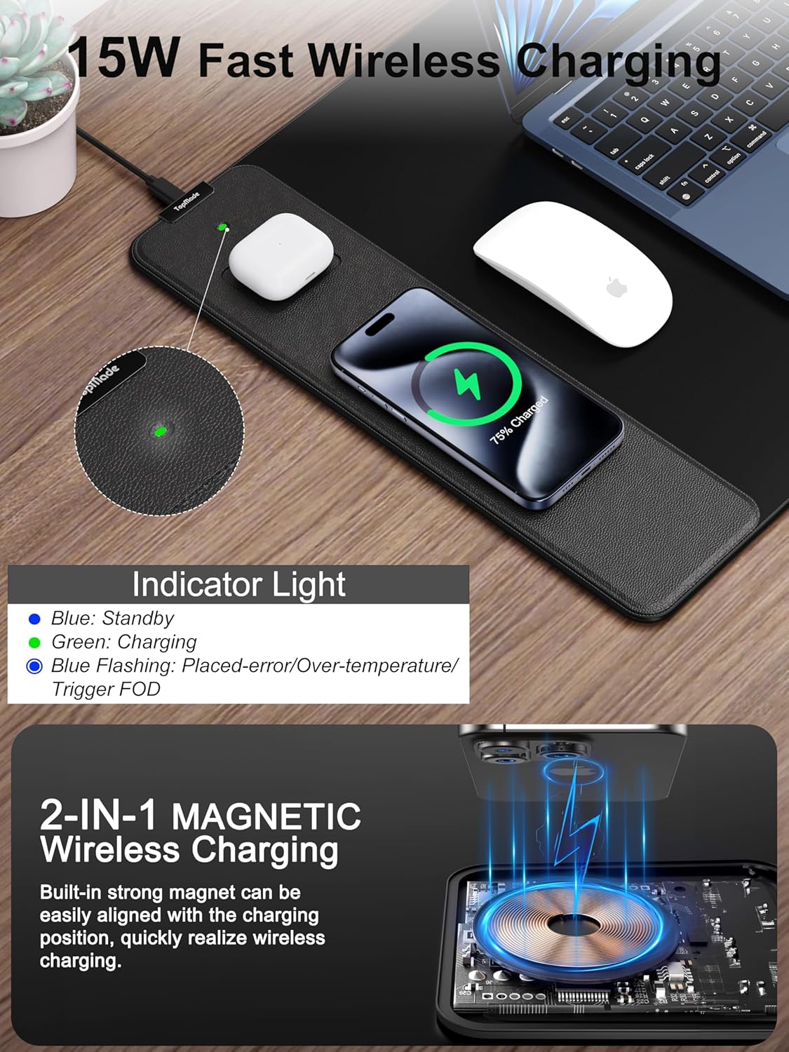 TopMade Mouse Pad with 15W Fast Wireless Charging, 35.43"x15.75" XXXL Large Gaming Mousepad, Waterproof Desk Pad, Classic Black Computer Desk Mat(Includes 20W PD Power Adapter & 6.56ft Woven Cable)