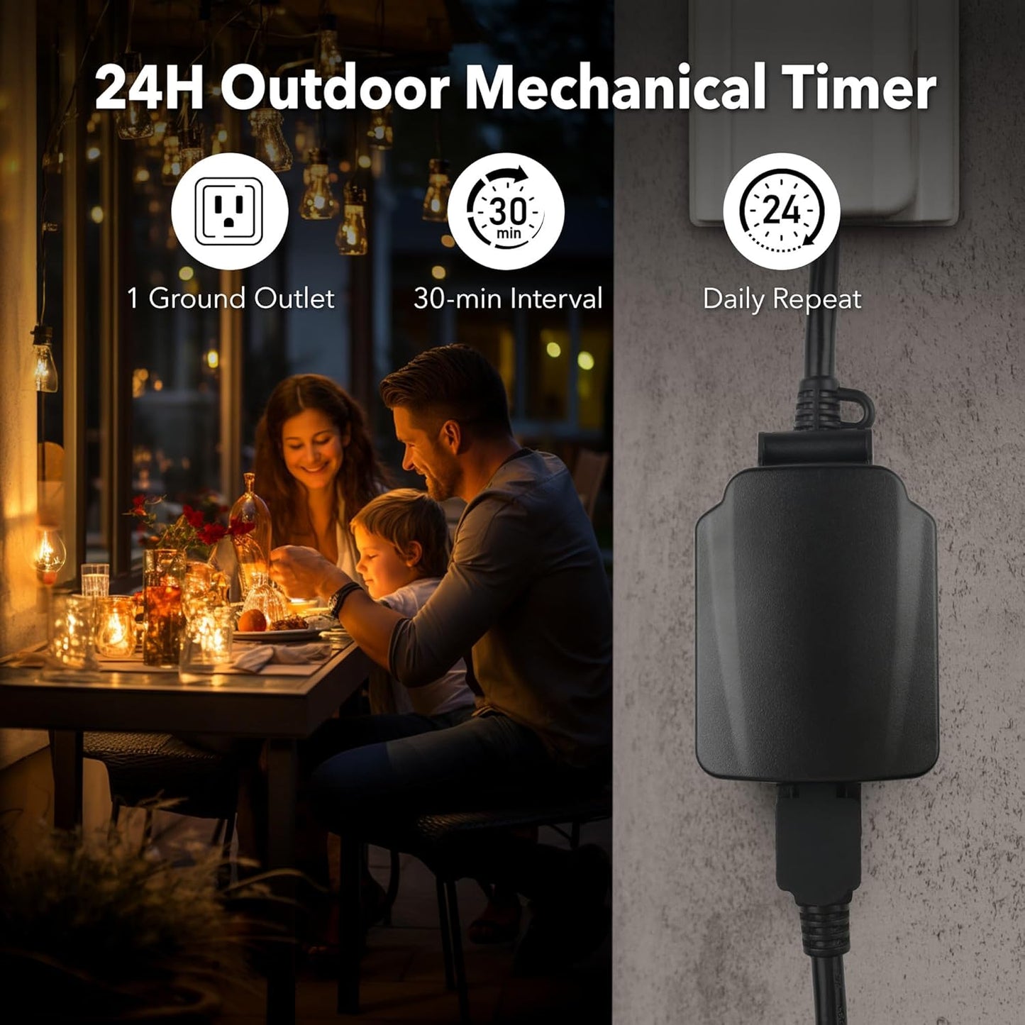 BN-LINK 24-Hour Mechanical Outdoor Light Timer, Waterproof, Heavy Duty, 15A 1/2HP, 1 Grounded Timer Outlet for Home and Garden