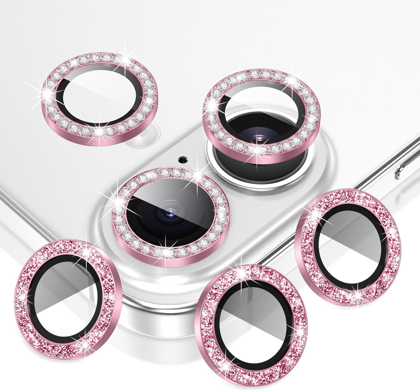 AGVEE 3+3 6 Pack for iPhone 16 6.1" / 16 Plus 6.7" Camera Lens Cover Protector, Bling Diamond & Bling Glitter Metal Ring 9H Tempered HD Glass Camera Cover Protector Film, Bling-Pink