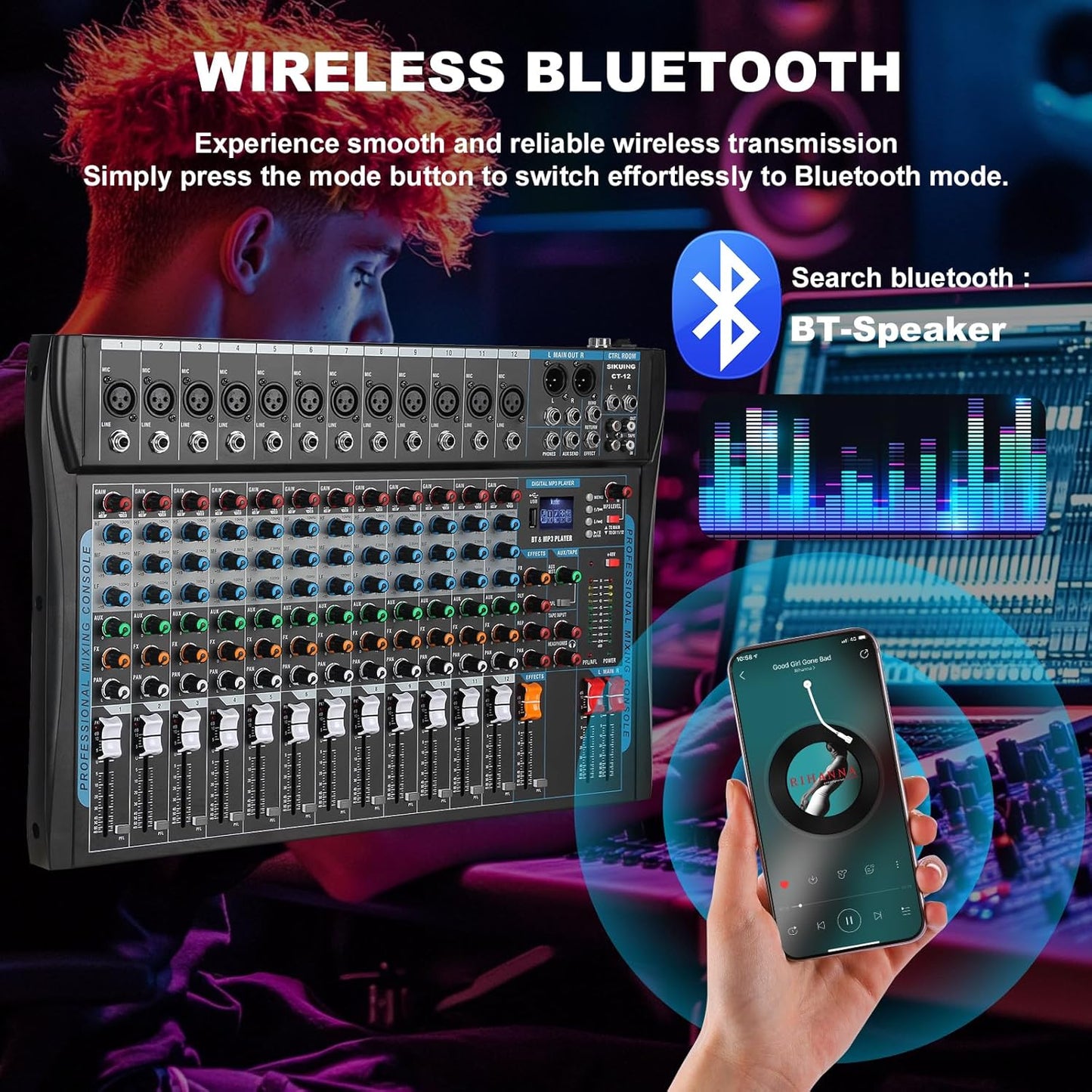 12 Channel Audio Interfacer Sound Board Mixer DJ Mixer 16-Bit DSP Effect USB Audio Mixer +48V Phantom Power Bluetooth Mixer for Karaoke Studio Streaming Recording,Live Streaming