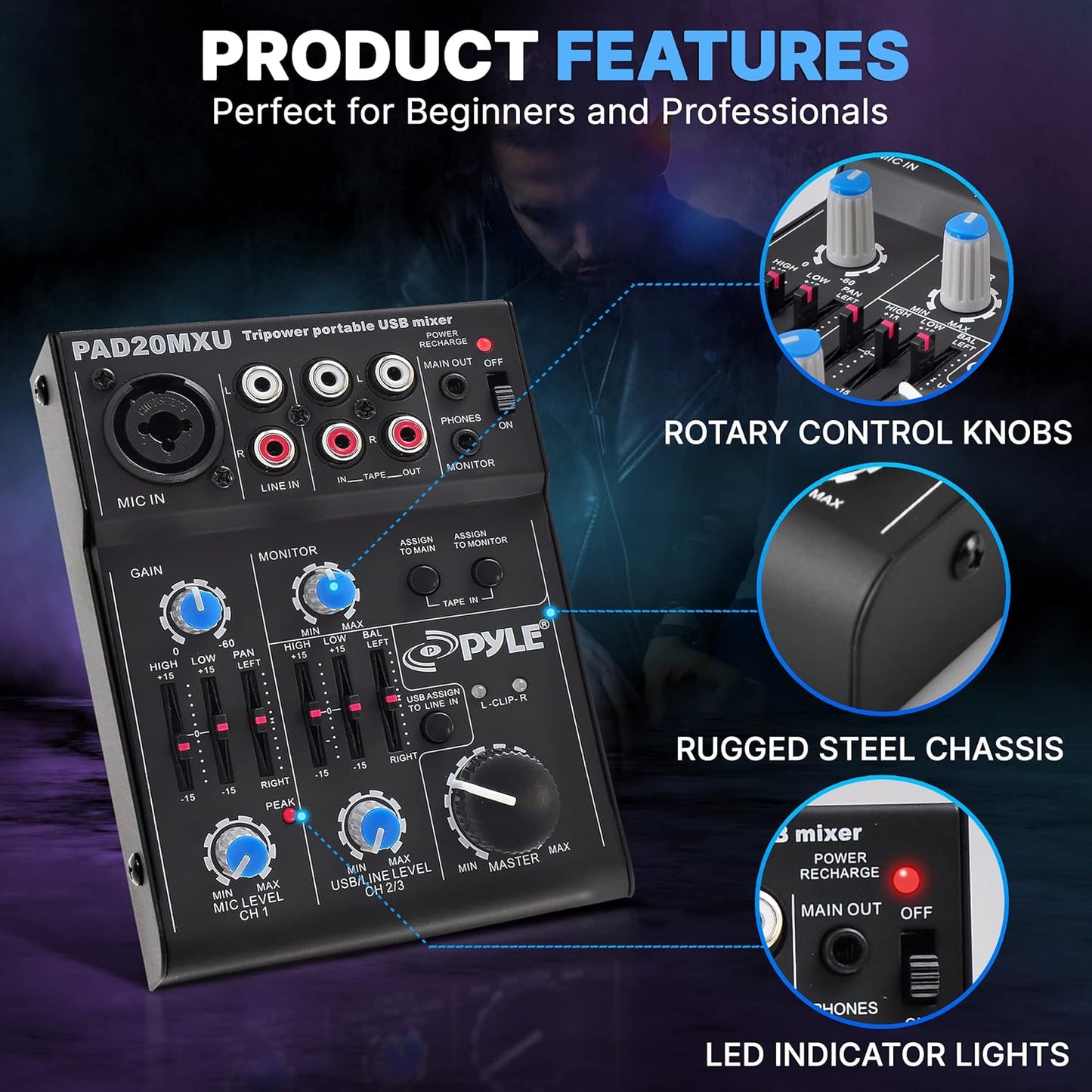 Pyle 5-Channel Professional Audio Mixer DJ Sound Board – Compact Music Mixer with USB Interface, EQ Controls, XLR Mic Input, 18V Phantom Power, Rechargeable Battery – USB/Line/Master Controls