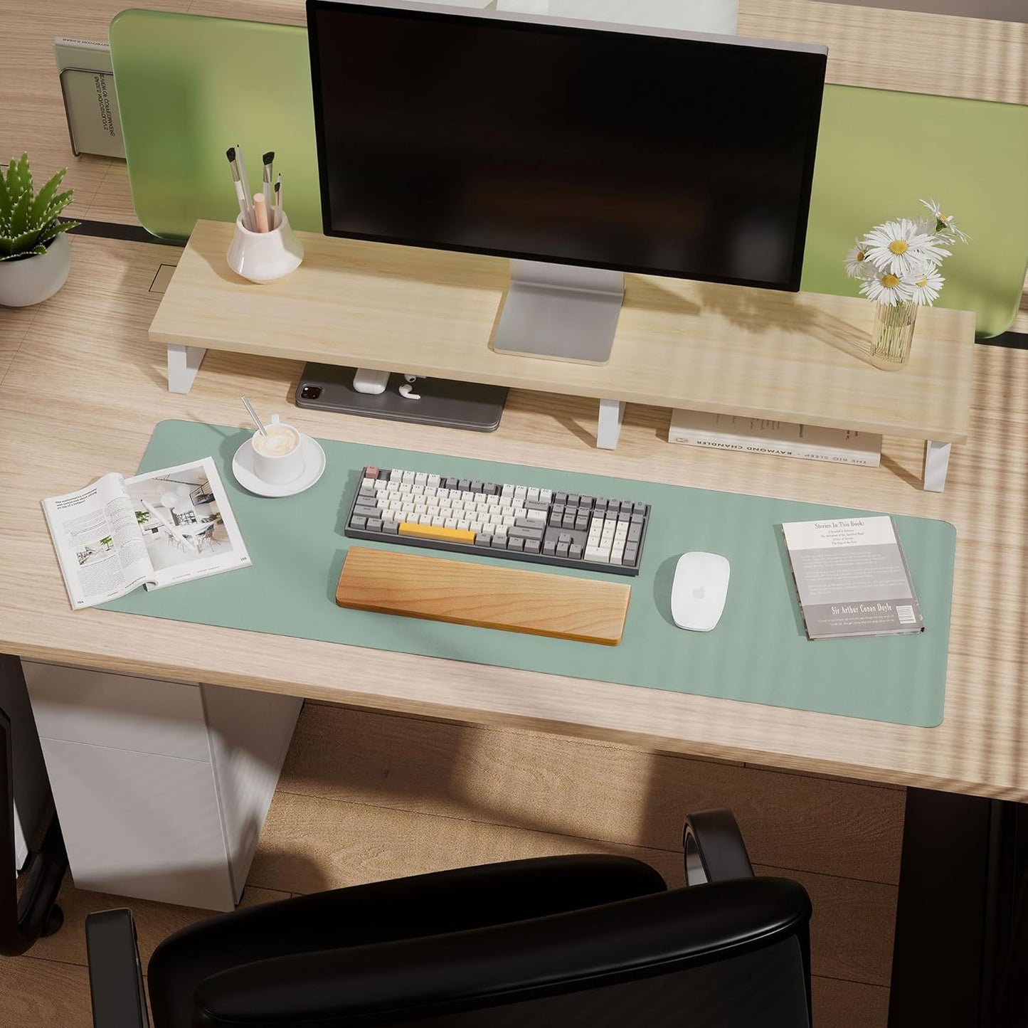 Aothia Leather Desk Pad Protector - Large Mouse Pad, Office Mat, Non-Slip PU Leather Blotter, Laptop Desk Pad, Waterproof Writing Pad for Office and Home (Light Blue, 38" x 13.7")