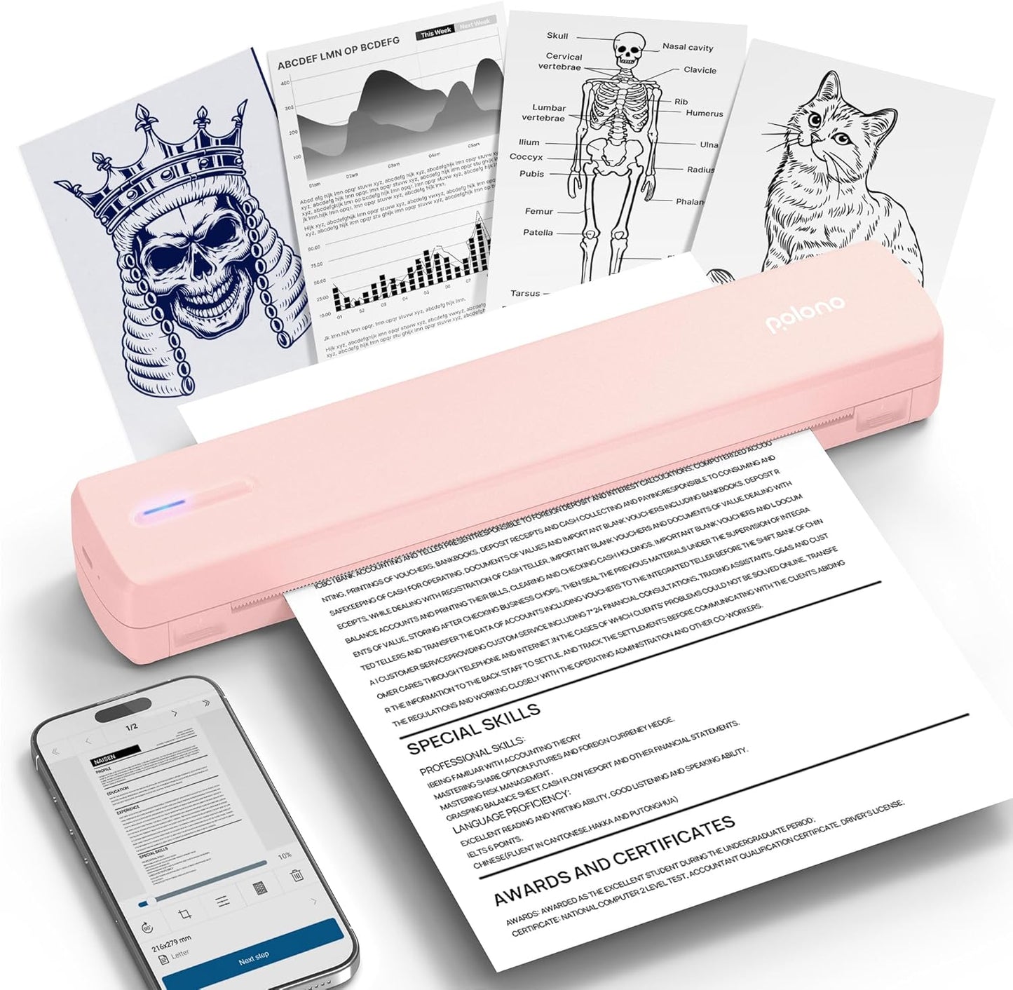 POLONO Portable Printer Wireless for Travel, D810 Bluetooth Thermal Printer Support for 8.5"x11" US Letter, Inkless Compatible with iOS, Android, Laptop for Office, Car and Home, Pink