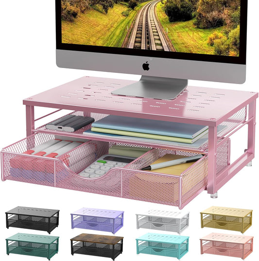gianotter Computer Monitor Stand Riser, office organizer with Drawer, Office Organizers Storage for Classroom Office Supplies (Pink)