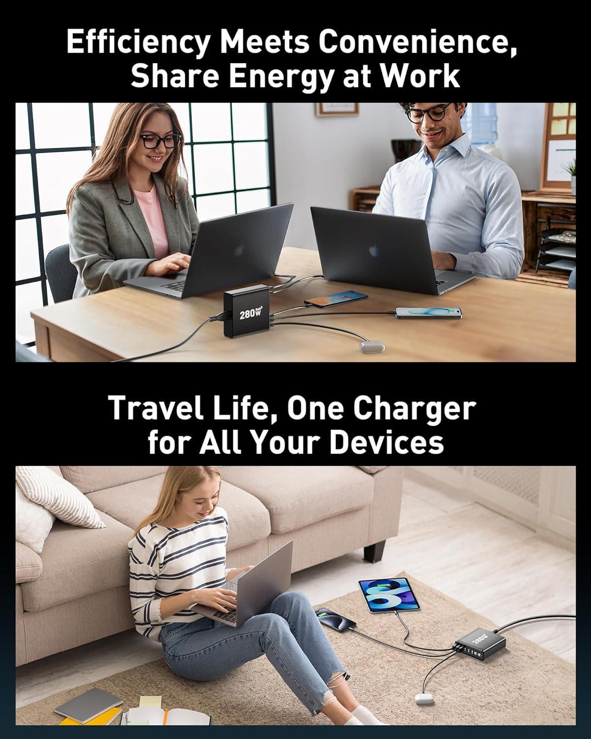 280W USB C Charger Block, 8-Port USB C Charging Station GaN III PD 65W Laptop Charger Adapter Compatible with MacBookPro/Air,DELL,iPad,Portable Charging Station for iPhone,Samsung Galaxy (Black)