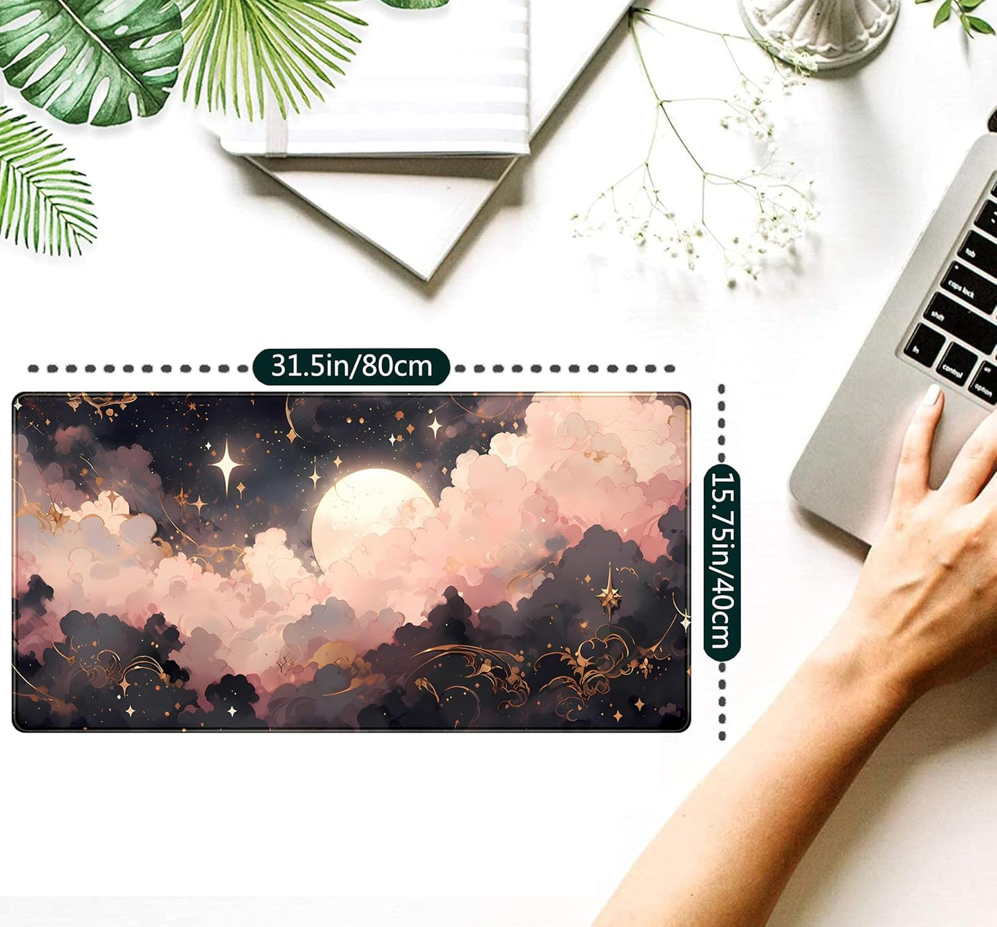 Pink Black Clouds Desk Mat XXL Large Extended Gaming Mouse Pad Celestial Mousepad with Stitched Edges, Office Desktop Decor Desk Pad Computer Mat, Laptop Keyboard and Mouse Mat, 31.5x15.75 in