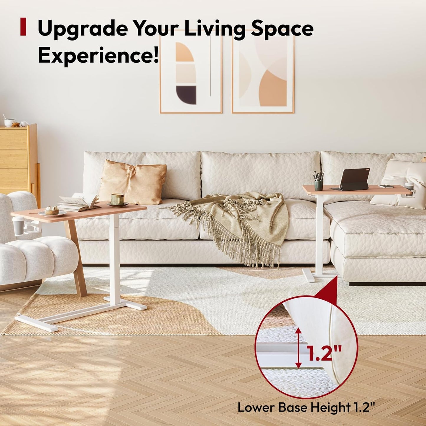 SANODESK Medical Adjustable Overbed Bedside Table with Hidden Casters, Pneumatic Mobile Laptop Computer Standing Desk Cart with Tray, Hospital and Home Use(31.5" W x 17.7" D, Pink)