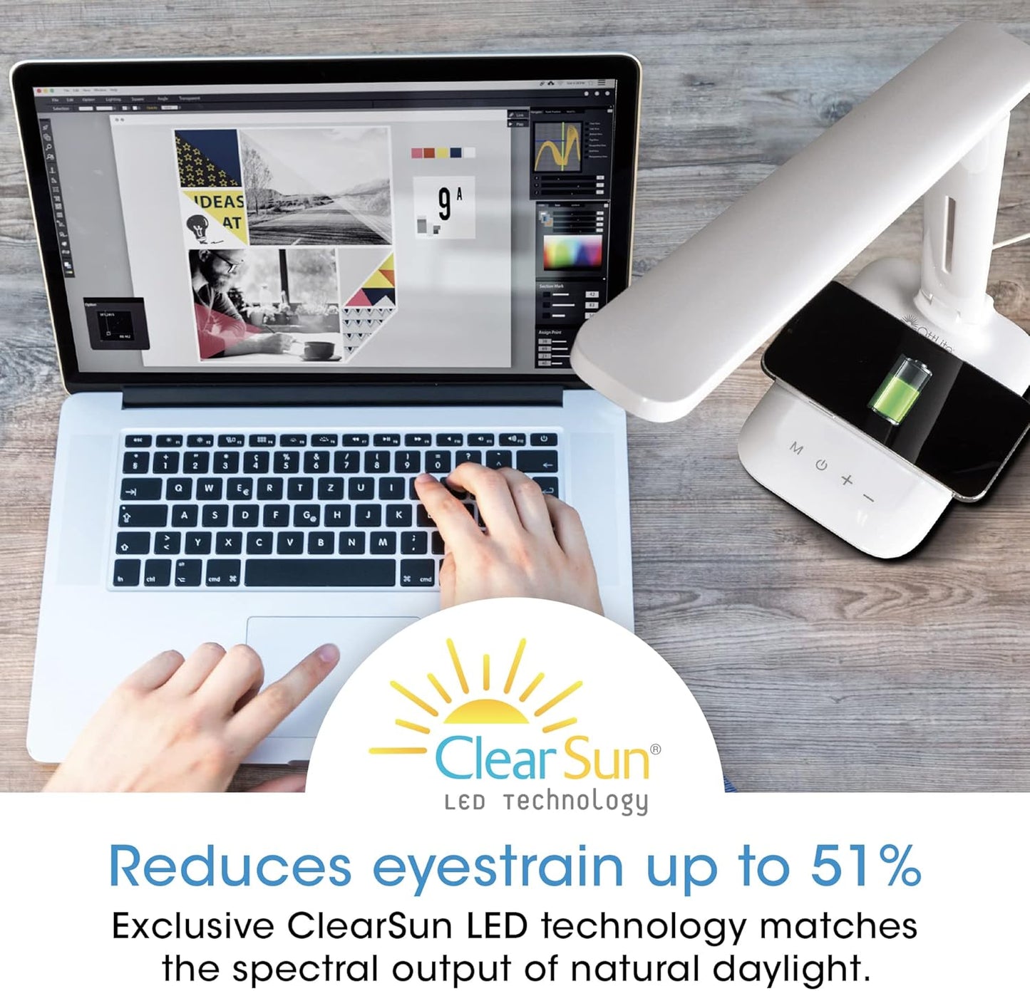 OttLite Charge Up LED Desk Lamp with Wireless Qi Charging & USB Charging Port, with ClearSun LED Technology - Adjustable Neck, 3 Color Temperature Modes, Reduces Eyestrain - Travel-Friendly Task Lamp