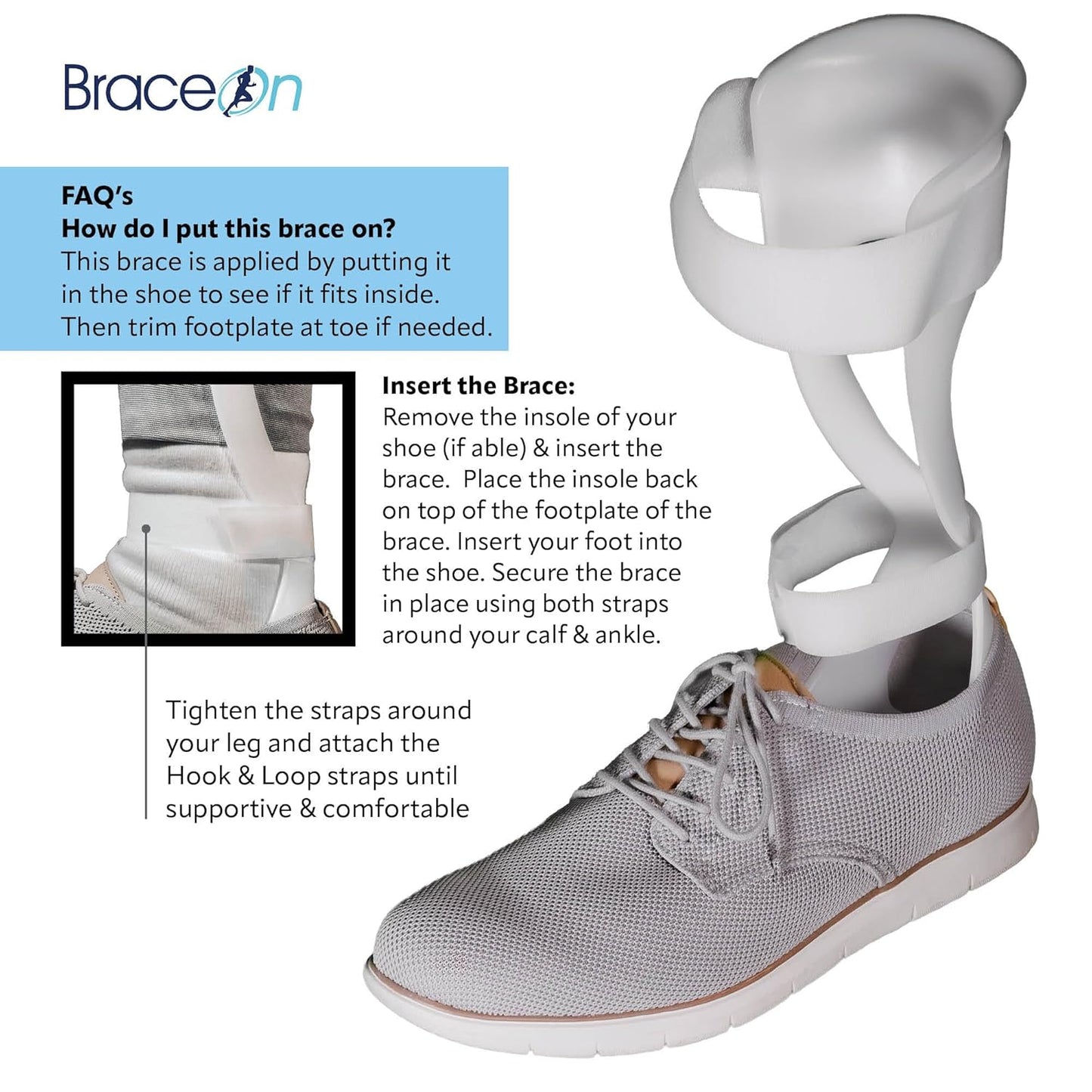 BraceOn AFO Swedish Drop Foot Stabilizer for Walking and Exercise, Drop Foot Braces for Men, AFO Brace & Foot Drop Braces, Foot Boot for Injured Foot, Men, Right