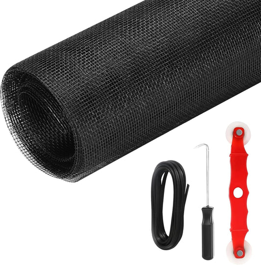 Window Screens Replacement Kit 47"x118" Adjustable Screen Mesh Easy DIY Project with Rolling Tool Spline for Sliding Doors Patio, Black