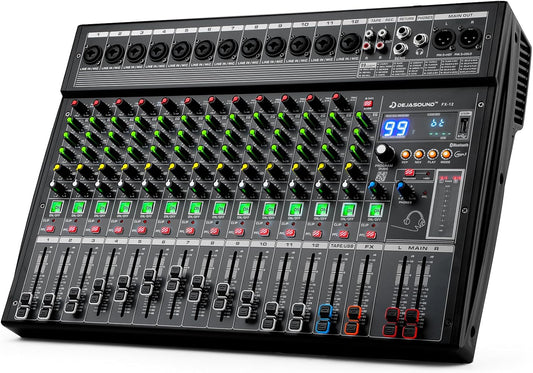 12-Channel Professional Audio Mixer, FX-12usb Mixing Console with XLR Inputs, Bluetooth, 99 DSP Effects, MP3, USB Interface for Podcast, Music, Recording, PC 13.39"x3.54"x18.90"inches