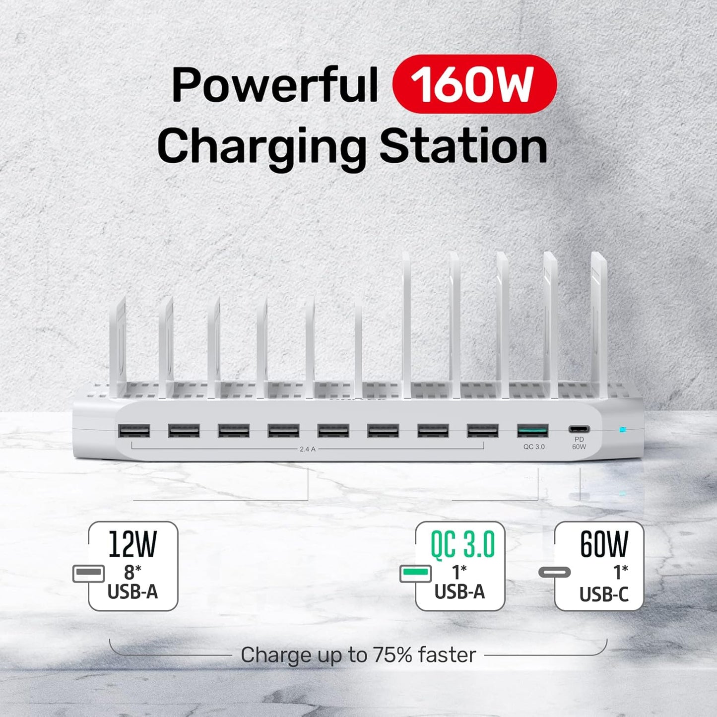 USB C PD 60W Charging Station with QC 3.0, Unitek 160W 10-Port USB Quick Charger Dock, Power Delivery Compatible with Laptop MacBook, Pixel, Upgraded Dividers