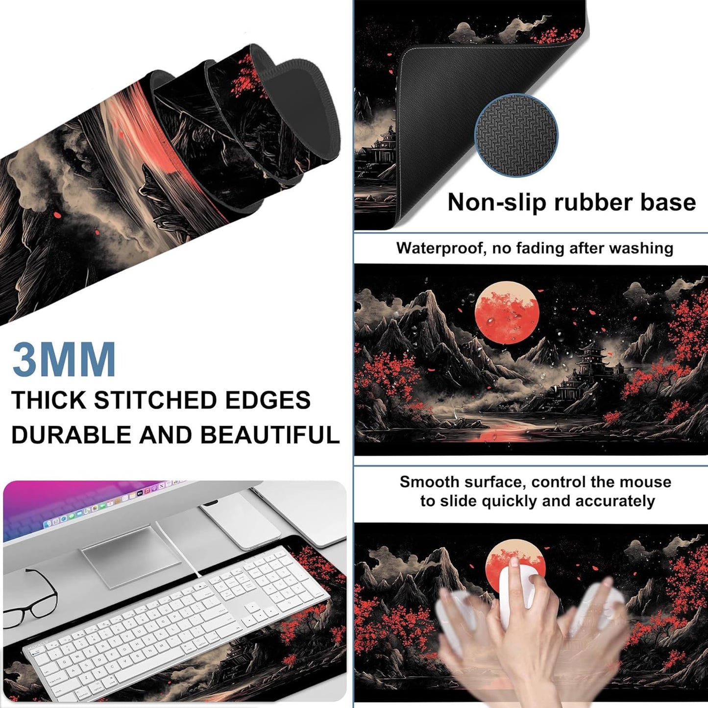 Chinese Style Painting Gaming Mouse Pad 3mm Thick Stitched Edge Waterproof Non-Slip Large Computer Keyboard Mouse Mat,Suitable for Office Entertainment Decorative Desk Pad 35.4 x 15.7 Inches