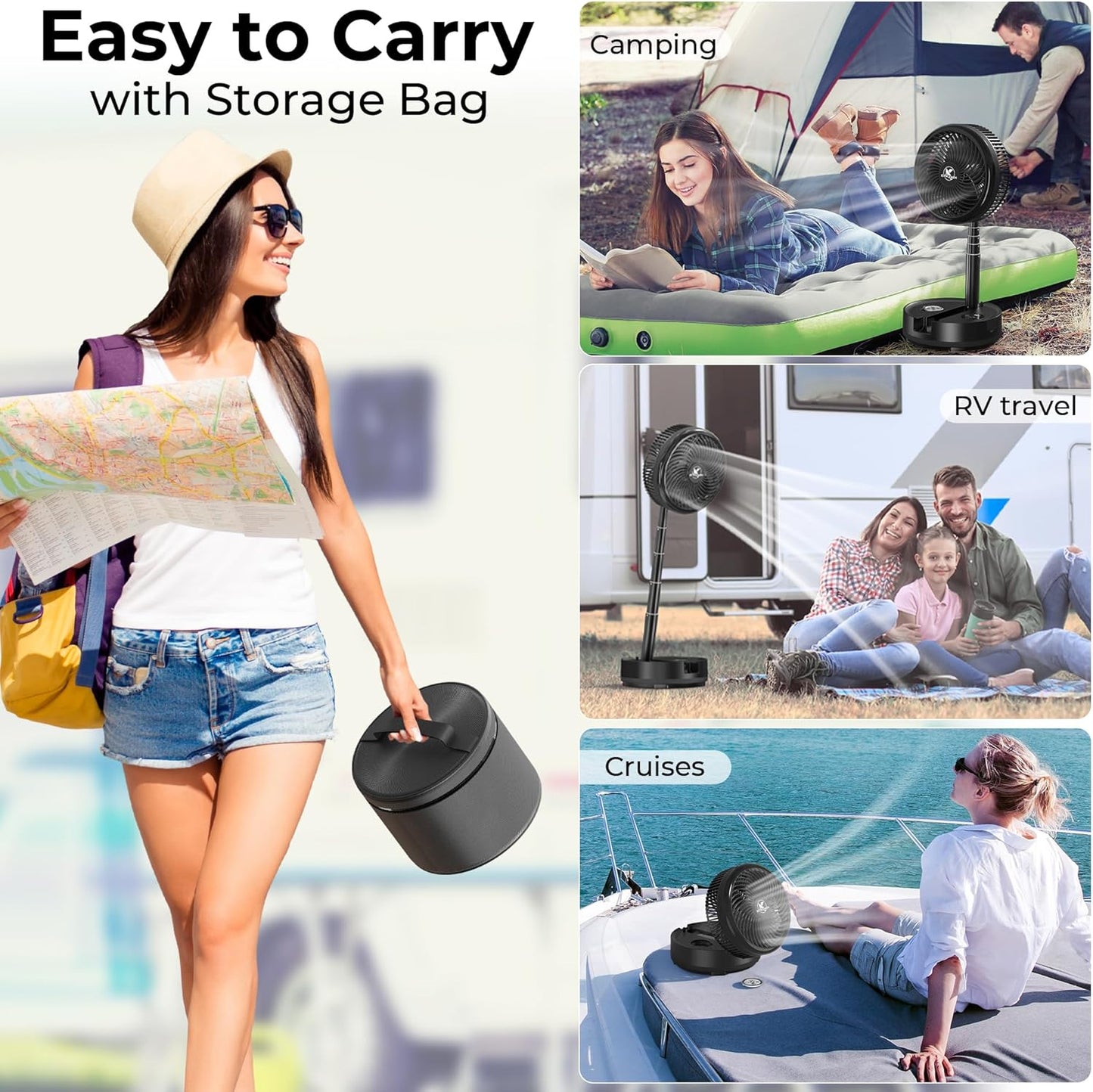 40000mAh Battery Operated Camping Fan - 106Hrs Rechargeable Oscillating Table Fan with Light & Timer, 9 Speeds Portable Travel Fan for Cruise RV Trip, Hurricane Power Outage (10" with Case)