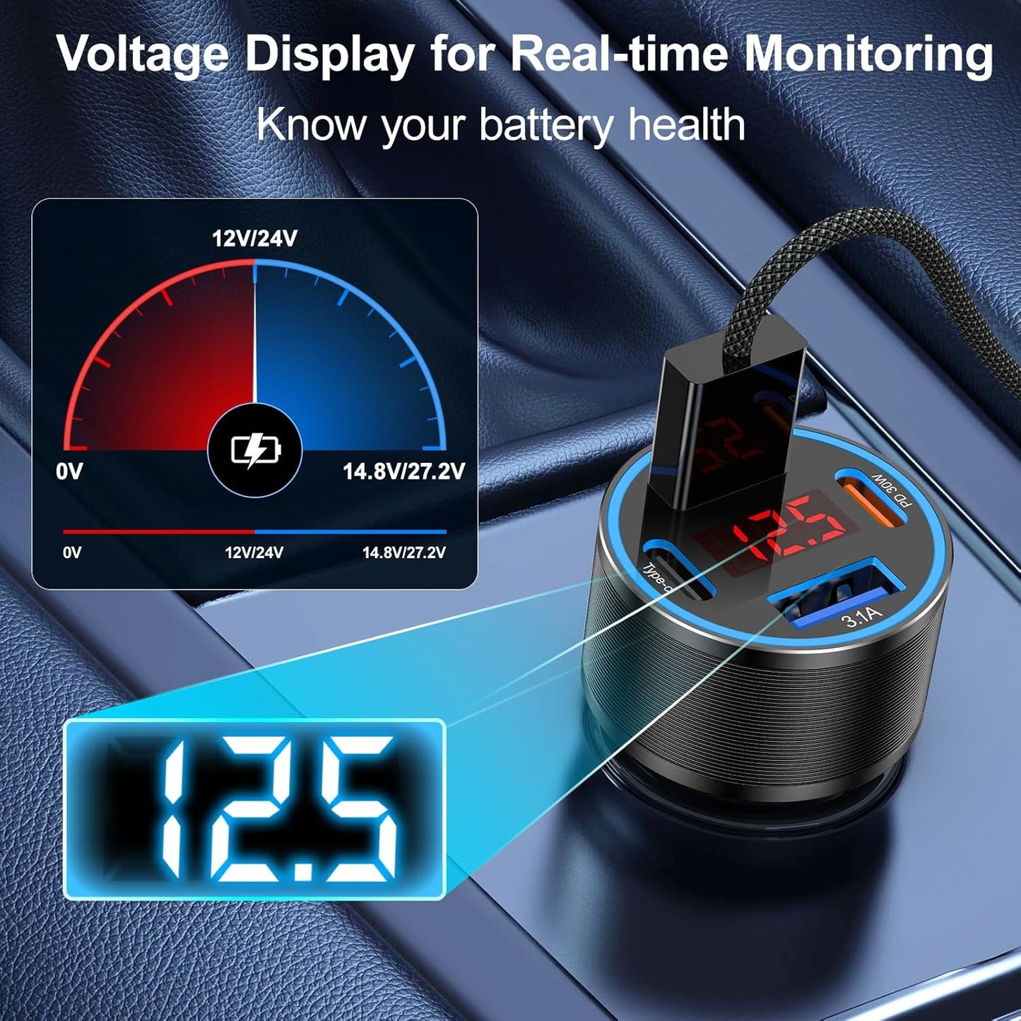 65W iPhone Car Charger Fast Charging, 2Pack 4 Port USB C Fast Car Charger+6ft Type C to C Cable, Dual USB-C & USB-A Cigarette Lighter Adapter with Voltmeter for iPhone 16 15 Pro Max,iPad,Samsung,Pixel