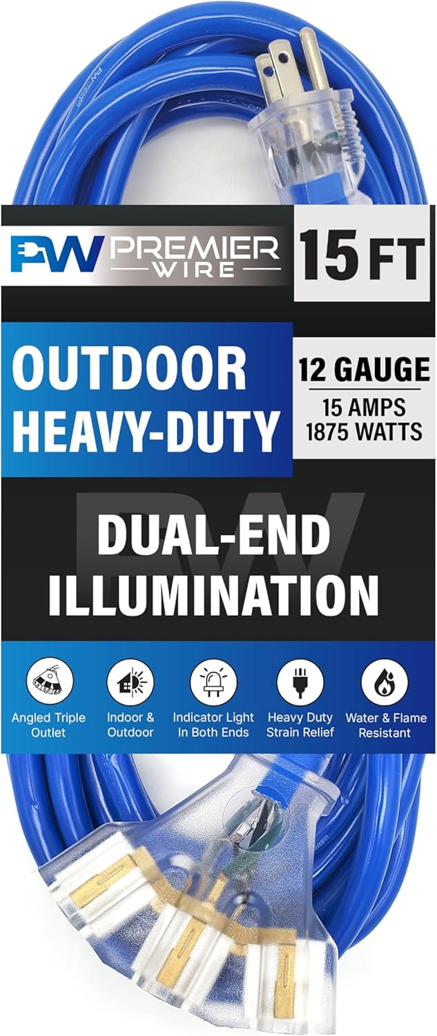 15 ft - 12 Gauge Heavy Duty Extension Cord - Lighted on Both Ends - SJTW Blue - Outdoor Extension_Cord Waterproof 15 ft by Premier Wire - 15 Amp ExtensionCord (15 Foot 12-Awg Power Cord Blue)