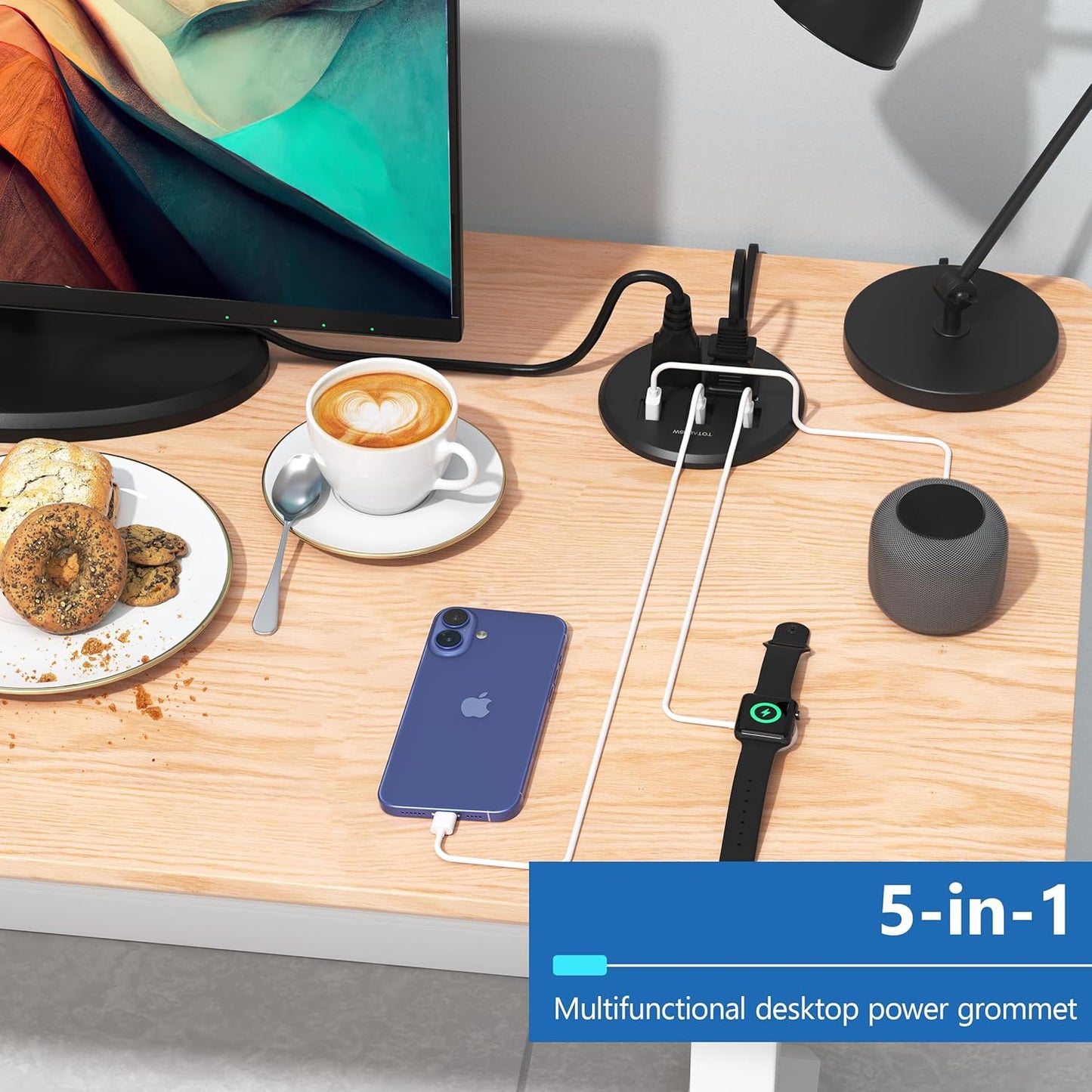 LIDER PD 65W GaN Technology Desktop Power Grommet, Power Delivery, USB-A and 2 USB-C Ports, Tamper-Resistant Receptacles, Self-Close Cover, Desk Charging Station, Black, 6.5ft Cord, ETL Listed