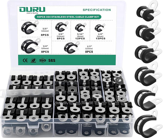 56PCS Cable Clamps Assortment Kit,6 Sizes—1/4" 5/16" 3/8" 1/2" 5/8" 3/4" Stainless Steel Rubber Coated Cushioned Insulated Cable Clamp,Automotive Cable Wire Clamps,Pipe Clamps,Metal Clamp