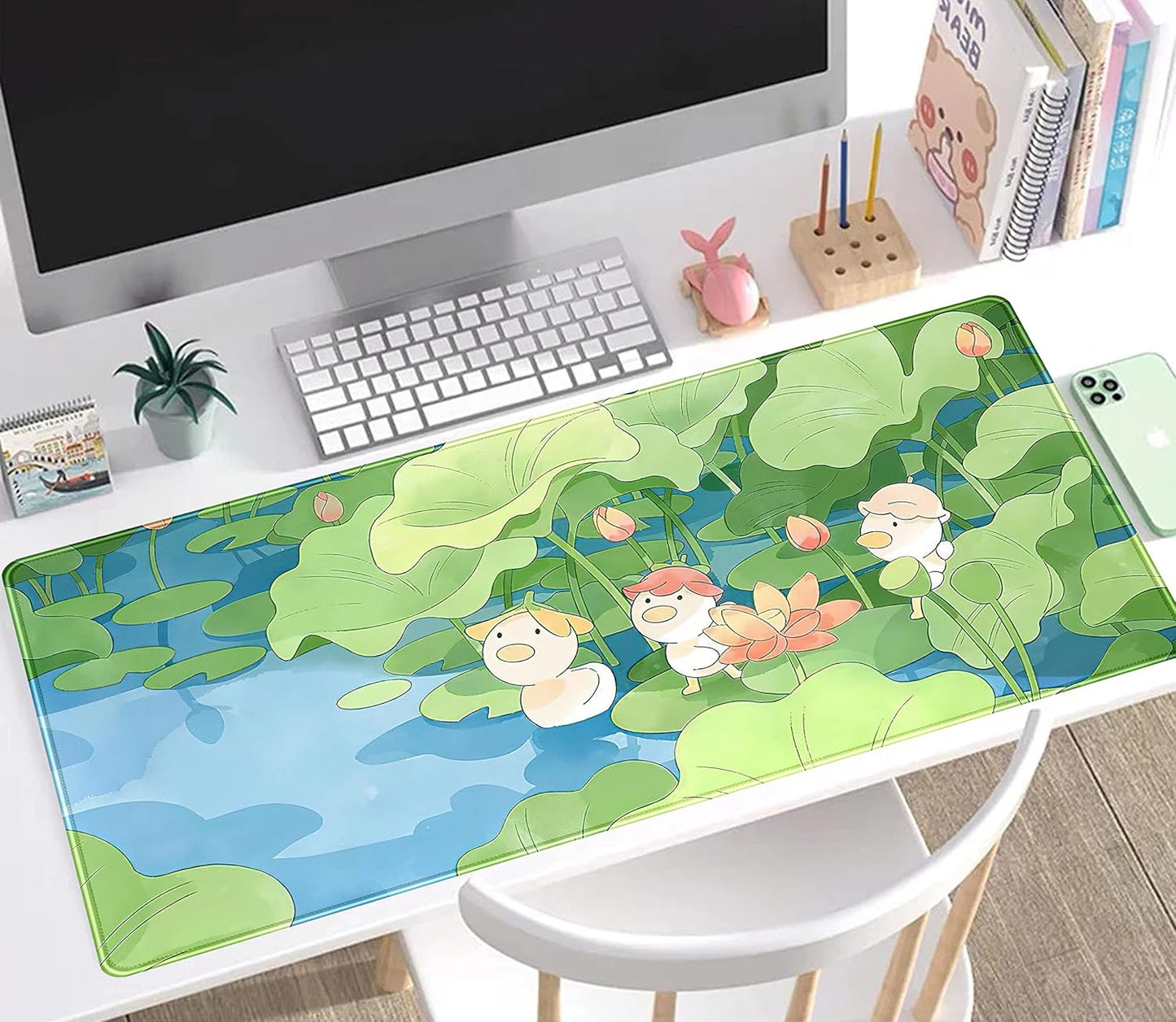 Green Cute Anime Desk Mat Kawaii Cartoon Ducks Gaming Mouse Pad XXL Large Anime Girl Gamer Mousepad Women Office Decor Desk Pad Aesthetic Lotus Leaf Laptop Keyboard Pad Computer Mat 31.5x15.75 in