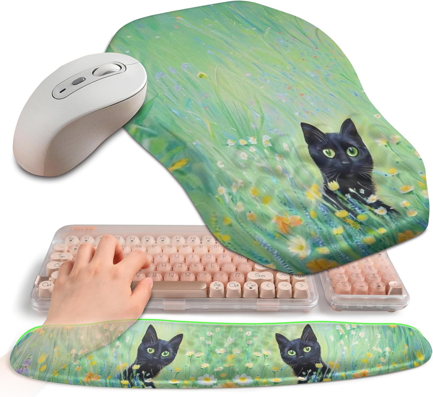 2-in-1 Ergonomic Set, Wave Keyboard Wrist Rest and Massage Slope Mouse Pad Wrist Support, Rebound Memory Foam for Relieve Carpal Tunnel Syndrome and Wrist Pain (Oil Painting Cats)