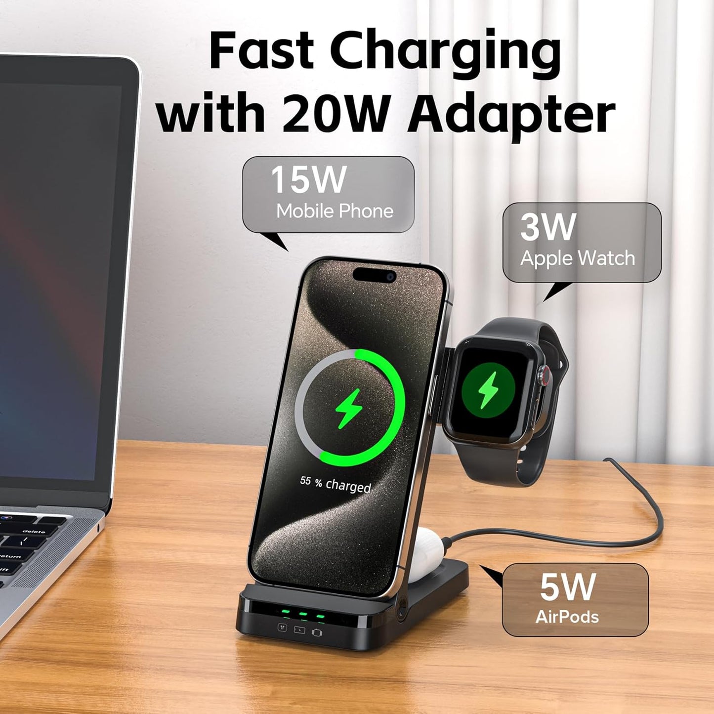 Wireless Charger, Tribone 3 in 1 Foldable Fast Charger for iPhone 16 15 14 13 12 11 Pro Max XR XS 8 Plus,for Multiple Devices，for Apple Watch 10 9 8 7 6 5 4 3 2 SE Ultra,for AirPods Pro 4 3 2, Black