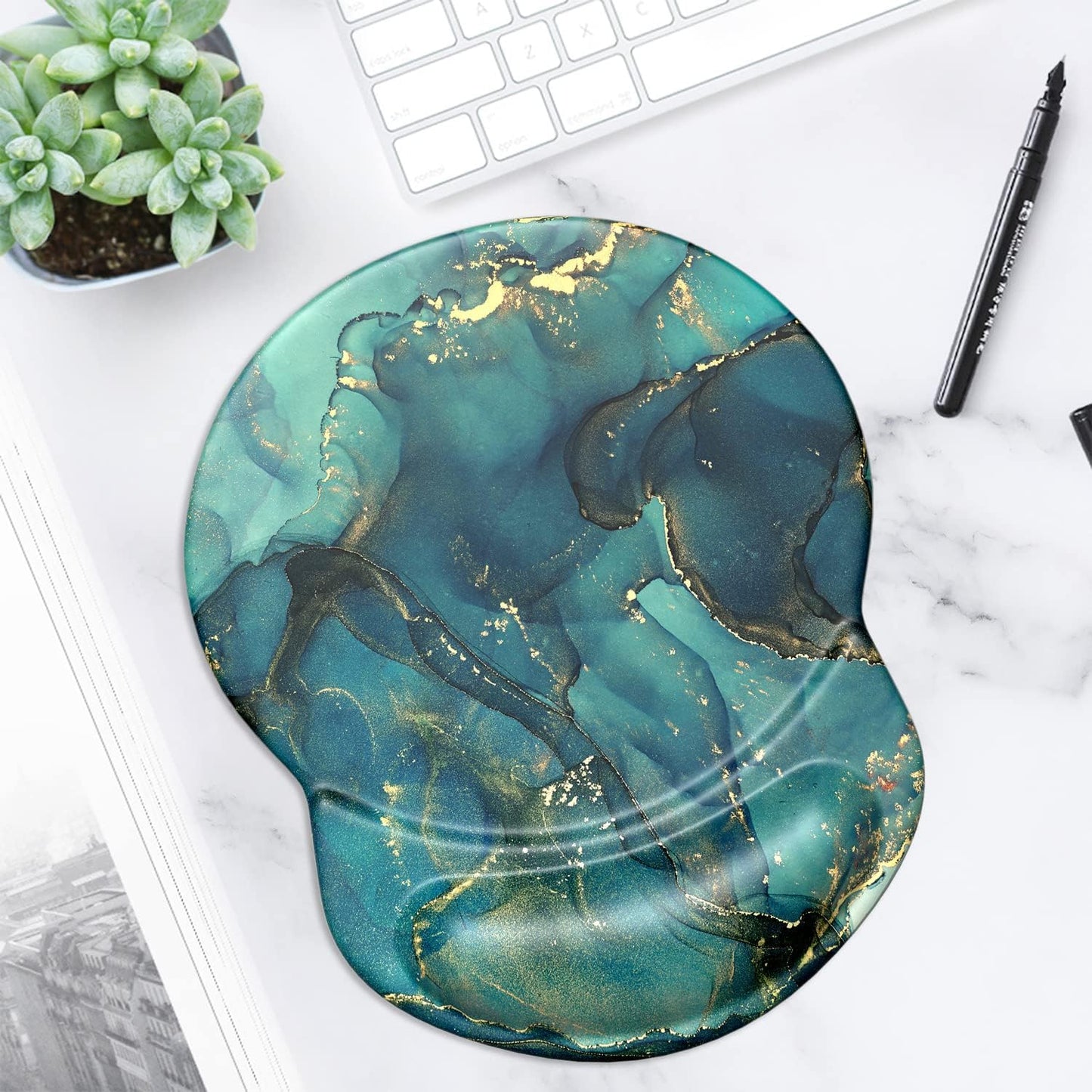 ITNRSIIET Ergonomic Mouse Pad with Gel Wrist Support Small Wrist Rest Smooth Surface Non-Slip PU Base Comfortable Office Supplies Pain Relief, 8.7 x 7.2 inches, Abstract Ink Tempera