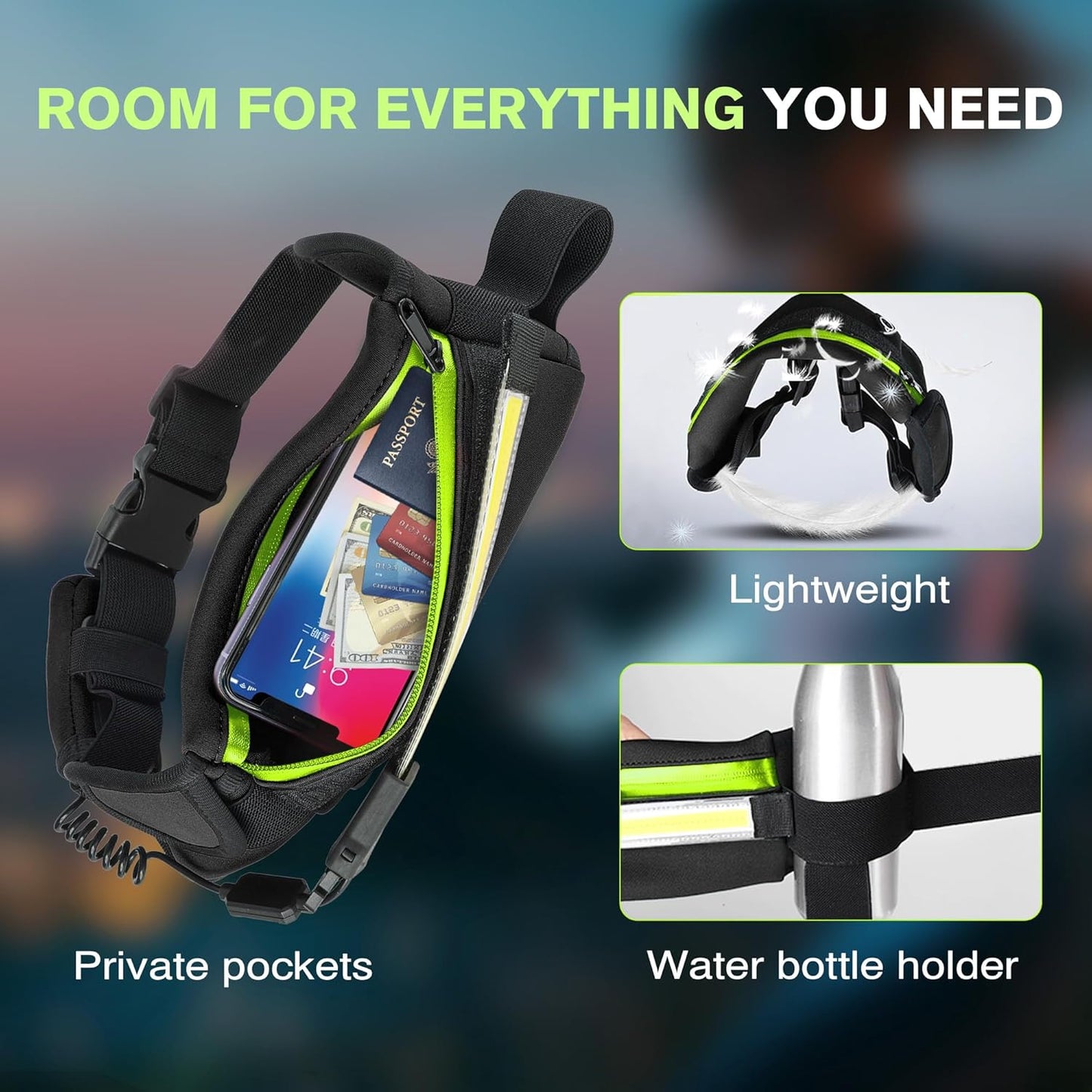 Running Light, 1000Lumens Running Belt Running Gear with 230°Rechargeable Night Running Light for Phone Waist Bag Light with Water Bottle Holder Slim Running Belt for Runners Sports Jogging Walking