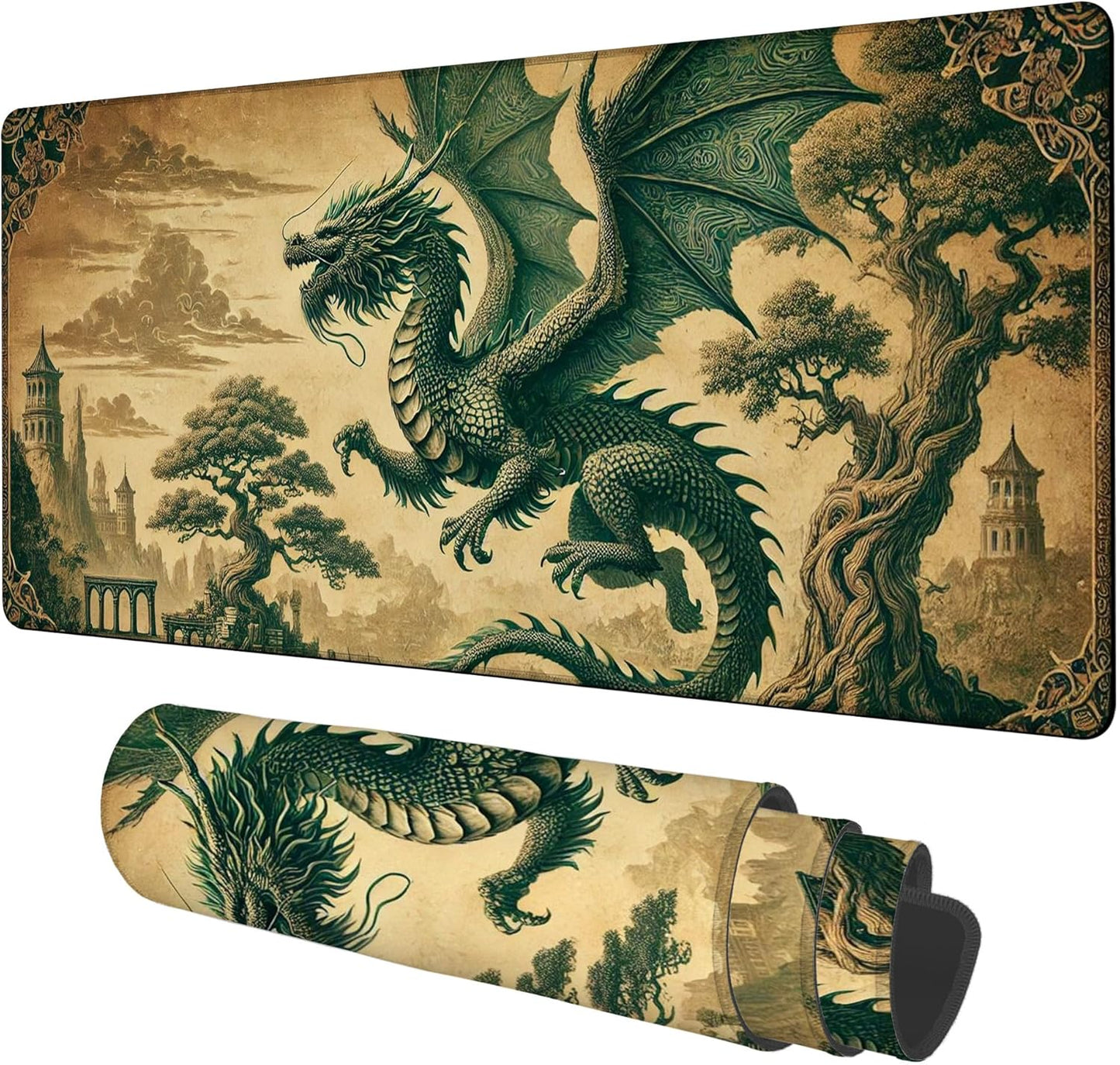 Vintage-Style Dragon Gaming Mouse Pad 3mm Thick Stitched Edge Waterproof Non-Slip Large Computer Keyboard Mouse Mat,Suitable for Office Entertainment Decorative Desk Pad 35.4 x 15.7 Inches