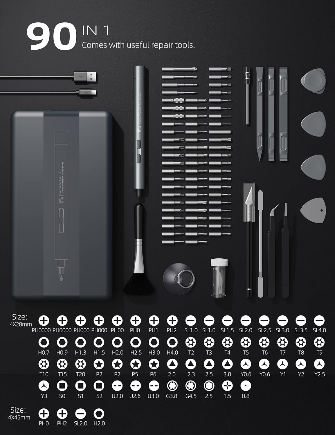 iFu Mini Electric Screwdriver, 90 in 1 Precision Screwdriver Set – Small Cordless Power Screwdriver with LED Light & 64 Magnetic Bits, Repair Tool for Phone Laptop Camera Watch Computer