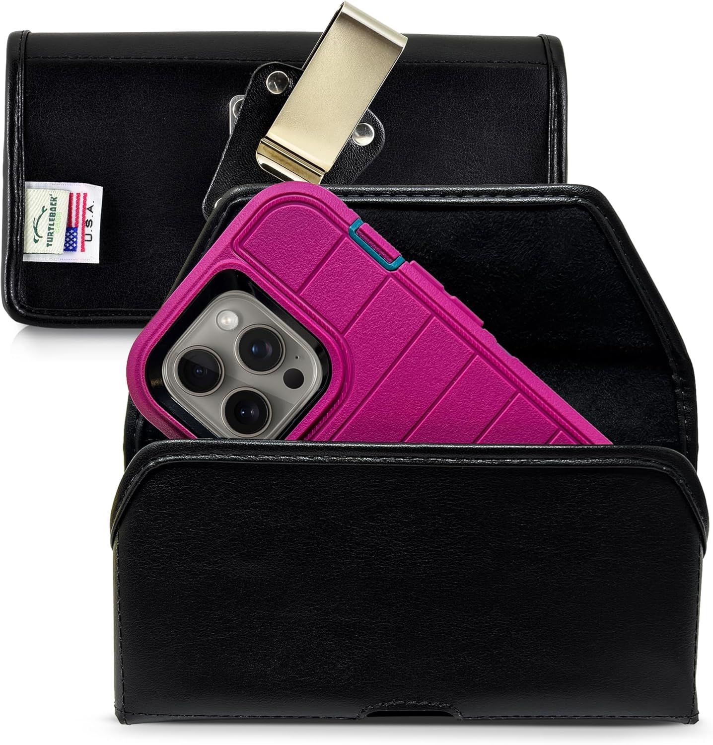 Turtleback Belt Clip for iPhone 16 Pro, 16e, 15 pro 14 Pro 13 Pro -Large- Fits w/Defender Bulky Style Cases, Premium Black Leather, Horizontal Belt Holder, Magnetic Closure HD Rotating Belt Clip