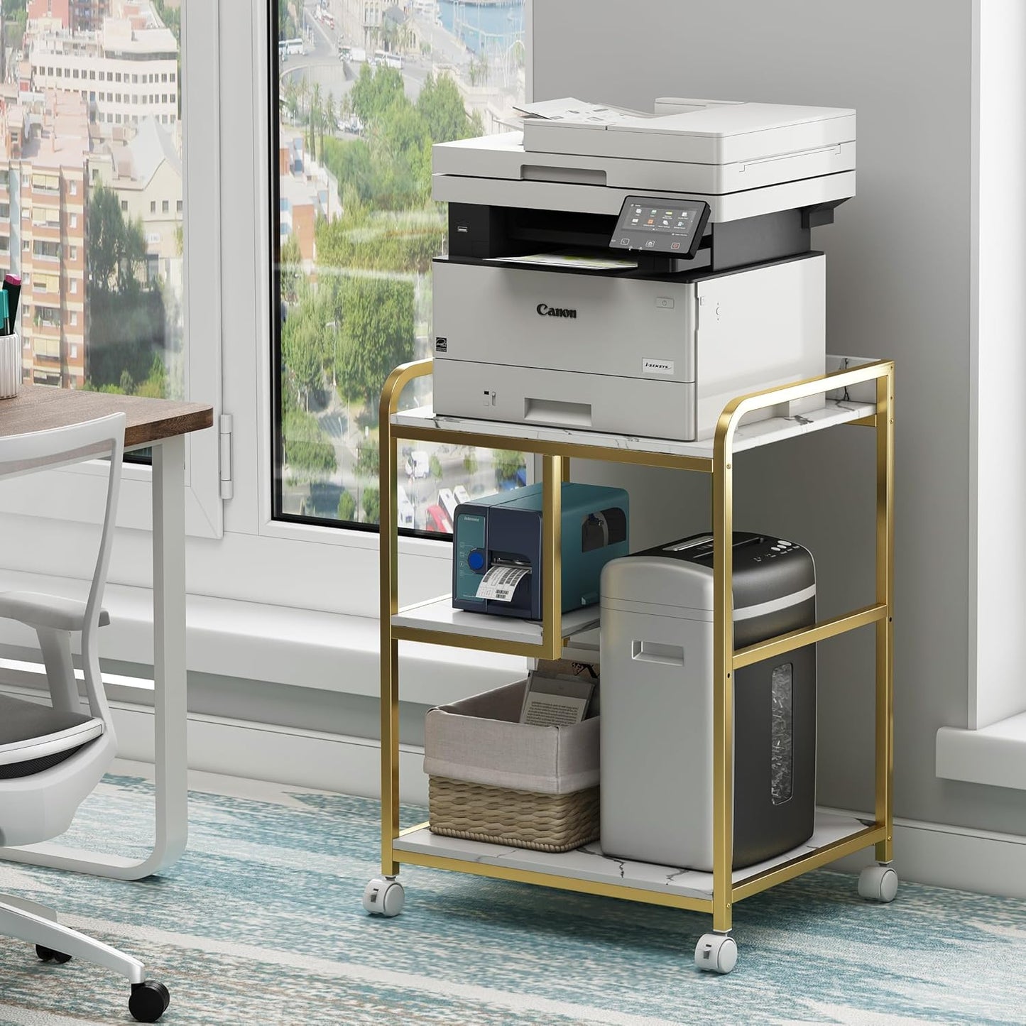 Large Printer Table Stand with Shelf for Computer Tower, CPU and Shredder, 22 x 18 Inch Rolling Printer Cart with Wheels for Home Office Storage and Organization - White Gold