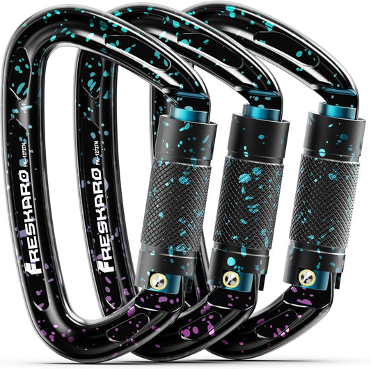 FresKaro UIAA Certified 25KN Auto Locking Climbing Carabiner Clips, Twist Lock, and Heavy Duty Carabiners for Rock Climbing, Rappelling, and Mountaineering, D Shaped