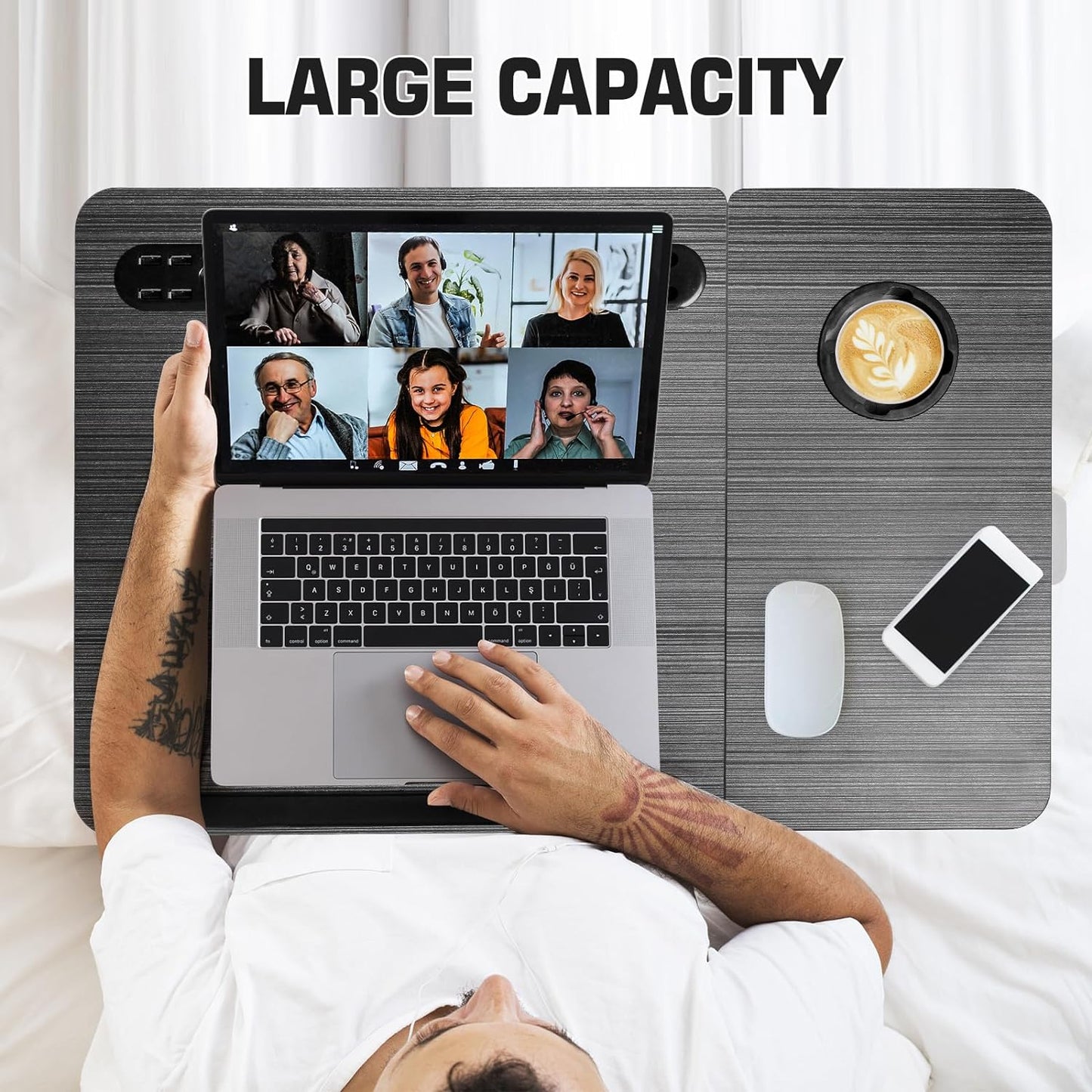 CloudTrip Plus XL Adjustable Laptop Desk with Light, USB Port, iPad Holder, Drawer Storage - Larger 23.6IN Adjustable Lap Desk for Bed, Home Office, Breakfast Tray, Fordable Legs Desk (Black)