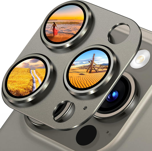 Uyiton Compatible with iPhone 15 Pro/iPhone 15 Pro Max Camera Lens Protector, [Not Easy to Break][Strong Adsorption][Case-Friendly] Metal Tempered Glass Rear Camera Screen Cover - Natural Titanium