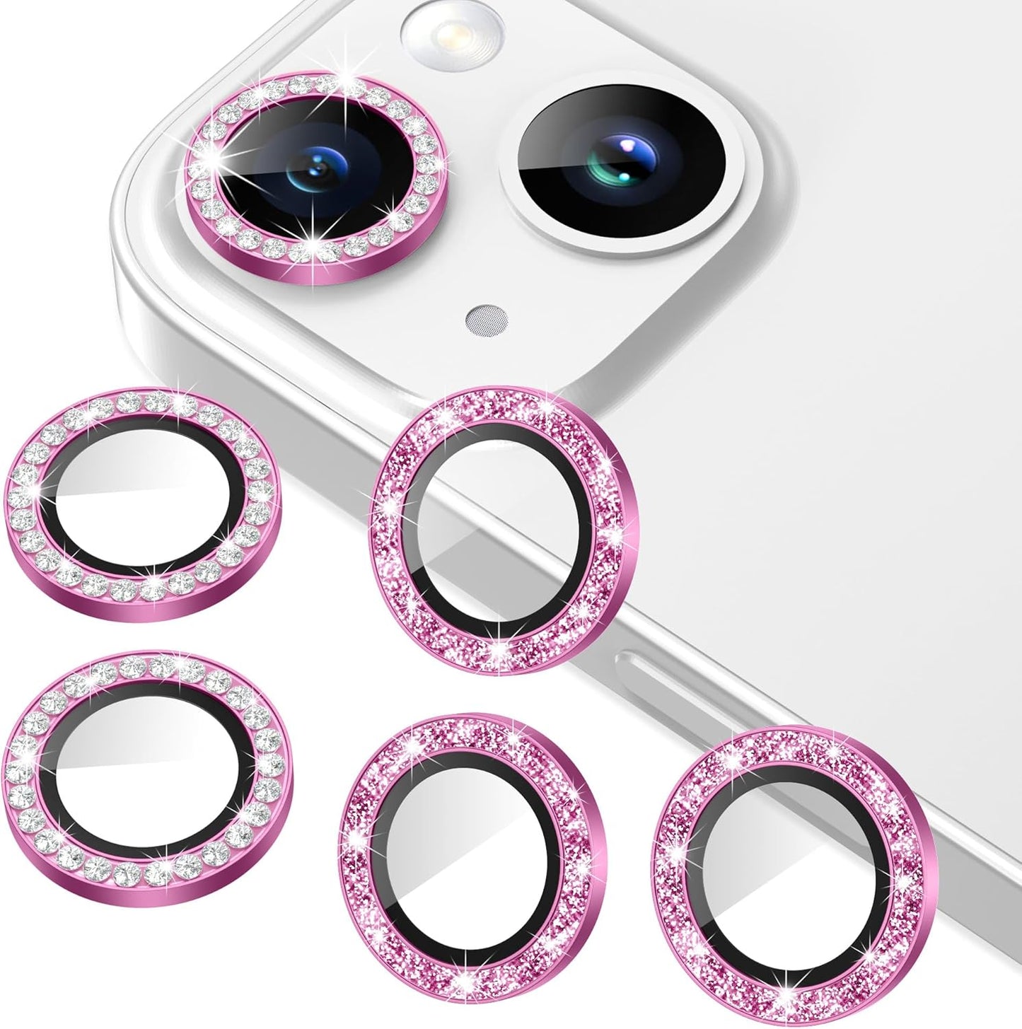 AGVEE 3+3 6 Pack for iPhone 15 6.1" / 15 Plus 6.7" Camera Lens Cover Protector, Bling Diamond & Bling Glitter Metal Ring 9H Tempered HD Glass Camera Cover Protector Film, Bling-Rose