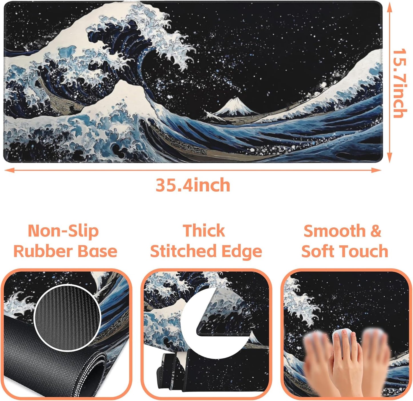Mouse Pad Large Wave in The Night Sky Non-Slip Game Desk Mat with Stitched Edge Laptop Keyboard Desk Pad for Work Home Gaming (35.4 x 15.7 Inches)