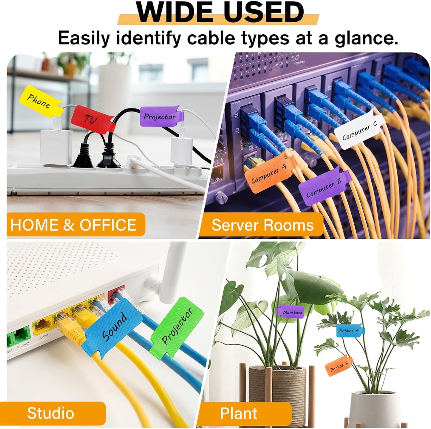 36Pcs Large Cable Labels - 8 Colors Reusable Write-On Wire Labels Tags, Cord Identification Labels for Electronics, with 40Pcs Label Stickers, Cable Management for Home, Office, Rectangle