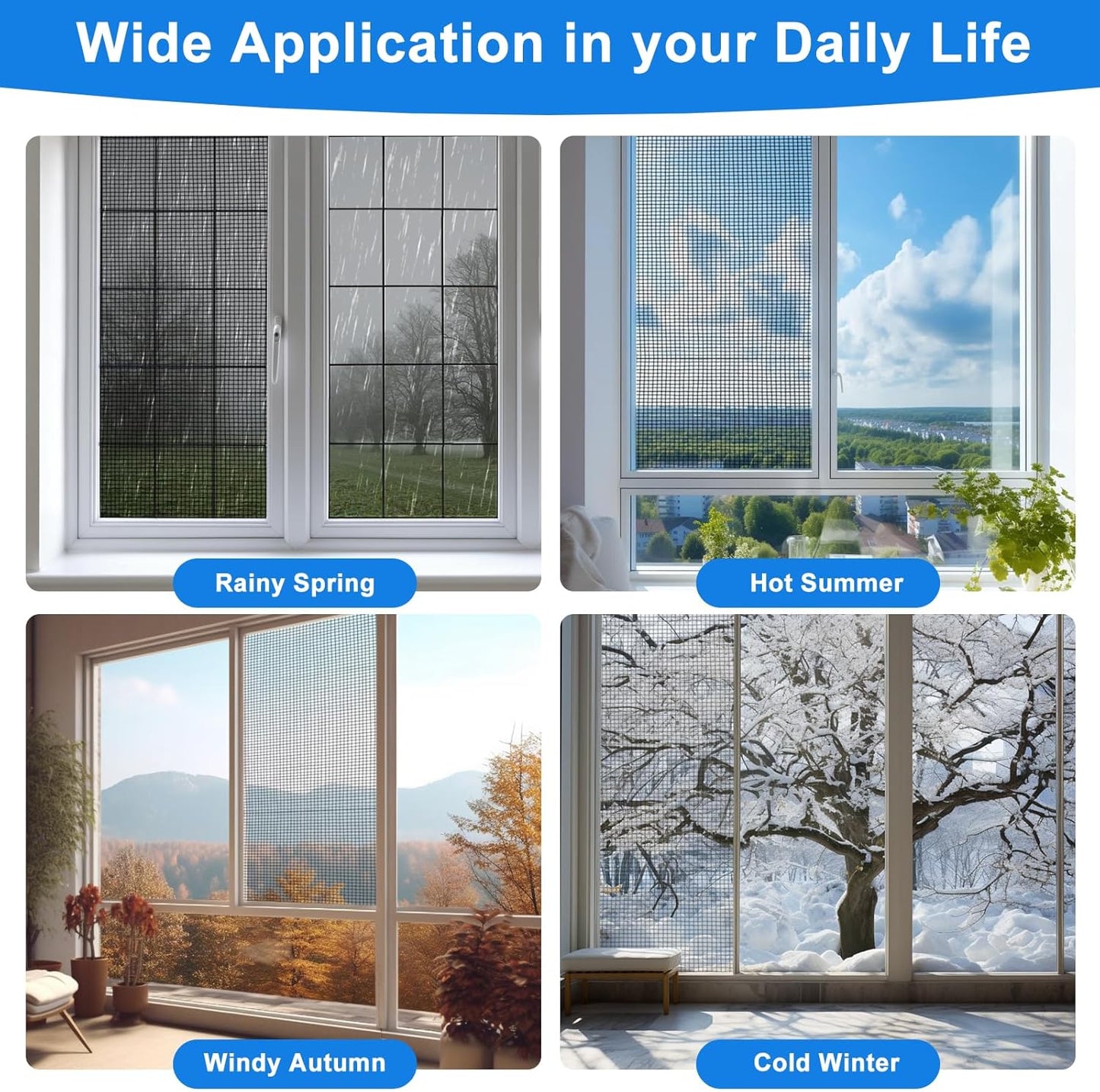 Window Screen Repair Kit, 48"x118" Screen Door Mesh Replacement Kit, Durable Fiberglass Black Window Screen kit with Tools, Rolling, Hook, Spline, Clips for Windows Doors Patio and Porch