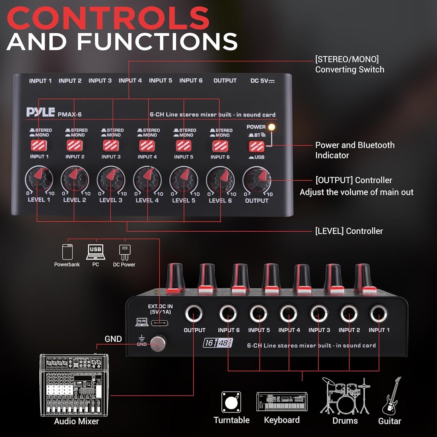 Pyle 6-Channel Wireless BT Streaming Mini Line Mixer with USB Audio Interface - 6 Mono/Stereo Switching Inputs | Ultra-low Noise Design with High Headroom | Built-in USB Sound Card - PMAX6