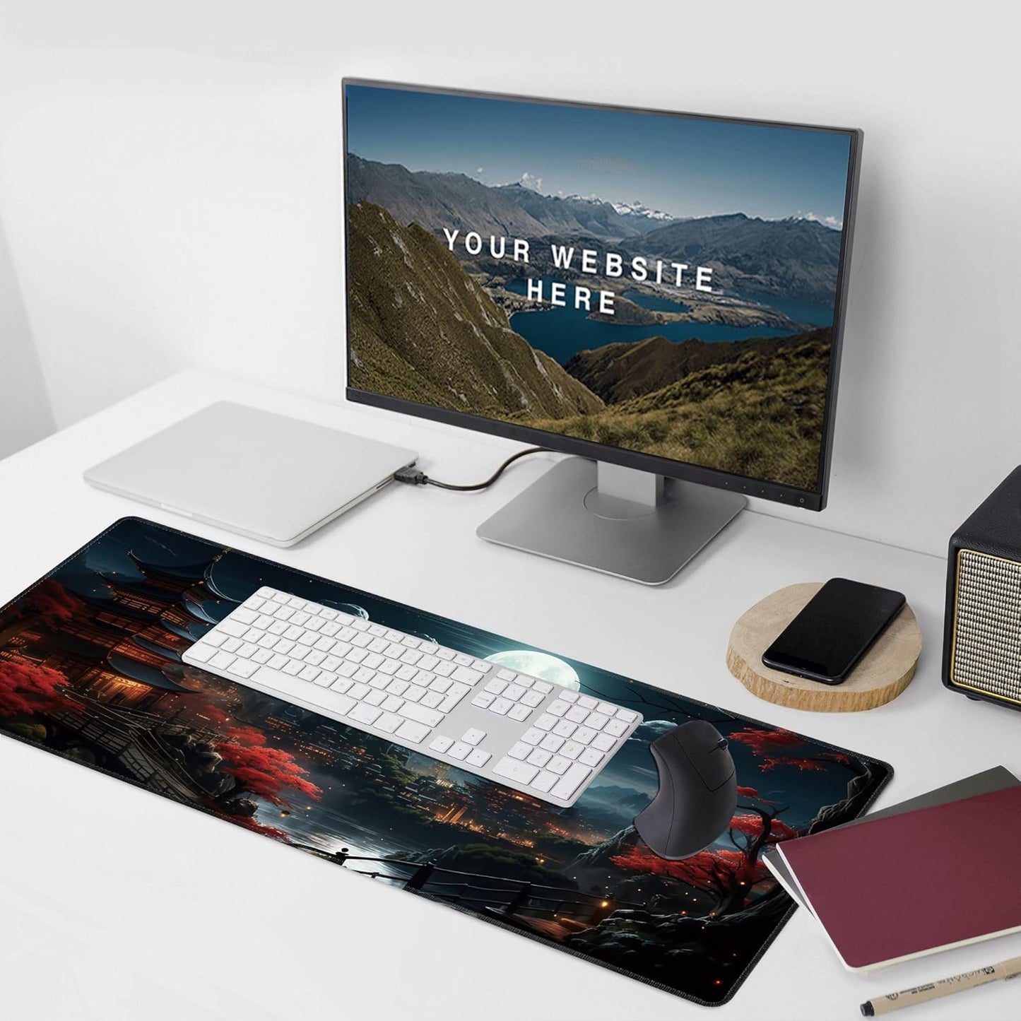 Japanese Full Moon Large Mouse Pad,Gaming Keyboard Desk Pad,Extended Mouse Mat Non-Slip Rubber Base with Stitched Edges for Office Game Home XXL 35.4"x15.7"