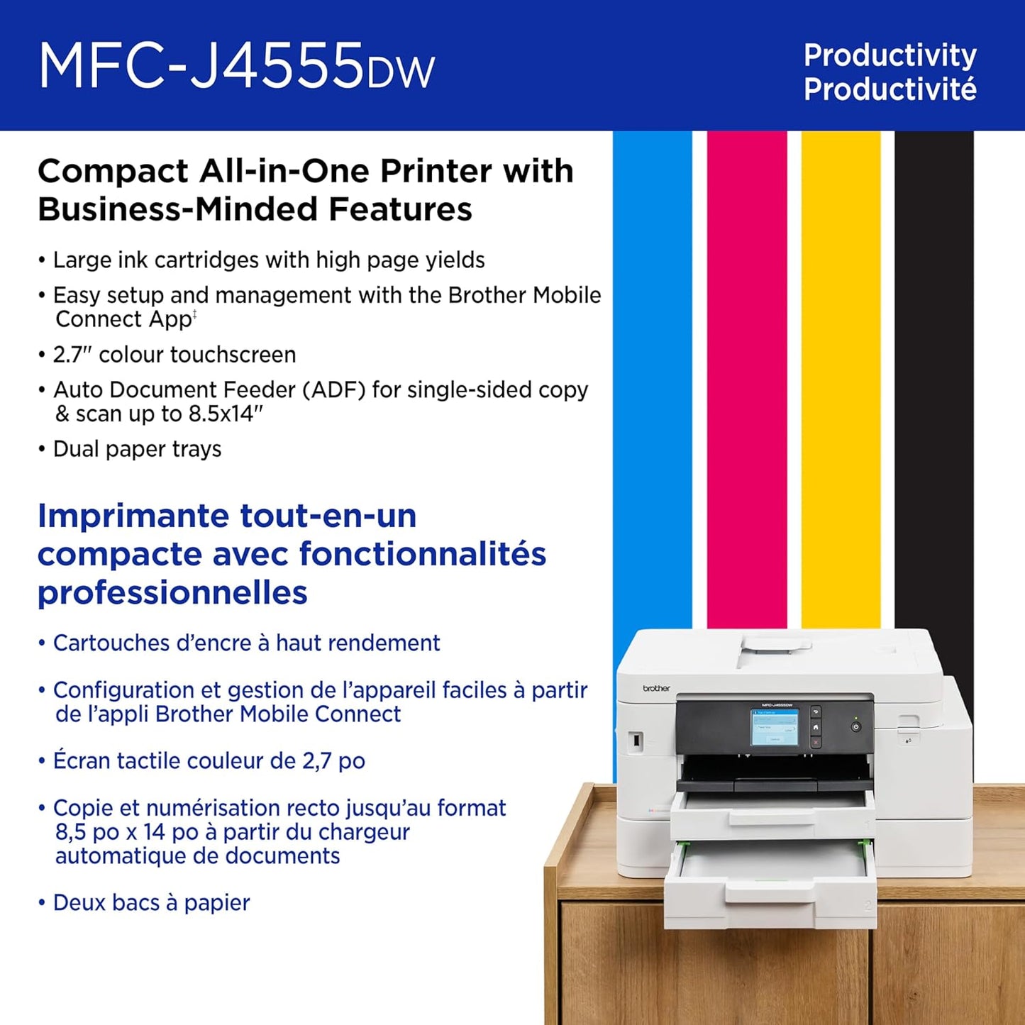 Brother INKvestment 4555 Wireless Color Inkjet All-in-One Printer with 2.7” Color Touchscreen and 2 Paper Trays | Includes Refresh Subscription Trial(1) (MFC-J4555DW)