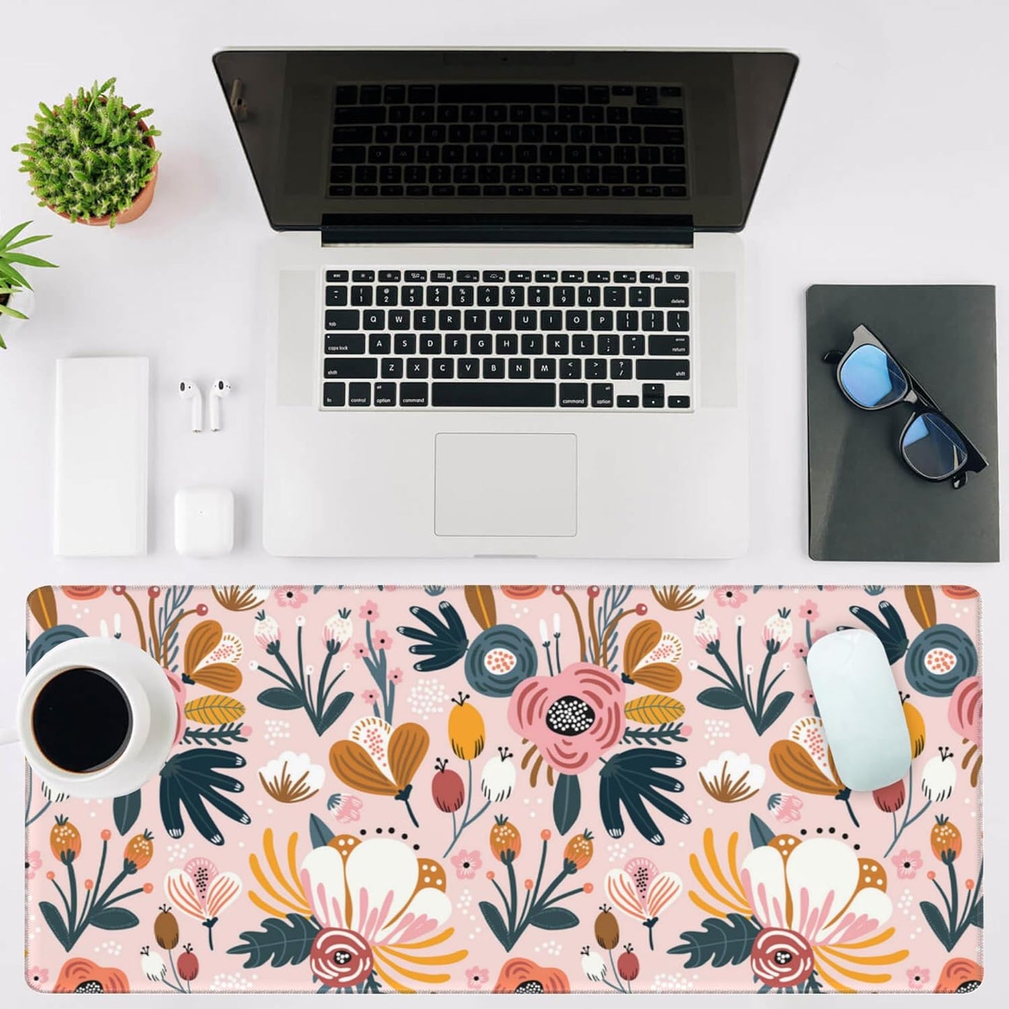 Mouse Pad Large Flowers and Leaves Non-Slip Game Desk Mat with Stitched Edge Laptop Keyboard Desk Pad for Work Home Gaming (35.4 x 15.7 Inches)