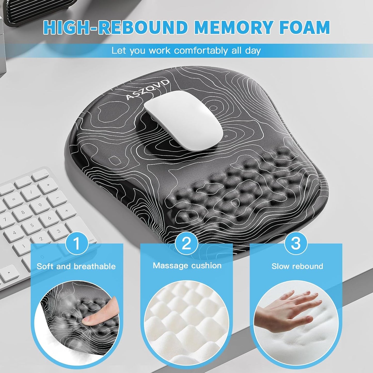 Mouse Pad with Wrist Rest, Ergonomic Mousepads with Wrist Support, Soft Lycra Fabric Memory Foam Office Desk Accessories for Comfort/Pain Relief/PC Gaming/Computer/Laptop (Black Topographic)