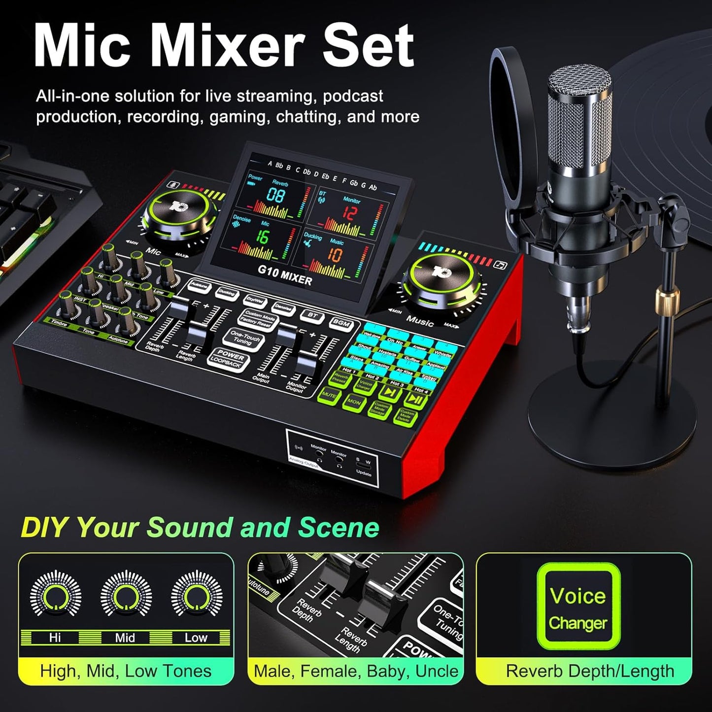G10 podcast equipment bundled with audio mixer integrated podcast production studio, equipped with P15 microphone, used for live streaming, podcast recording PC,YouTube Recording