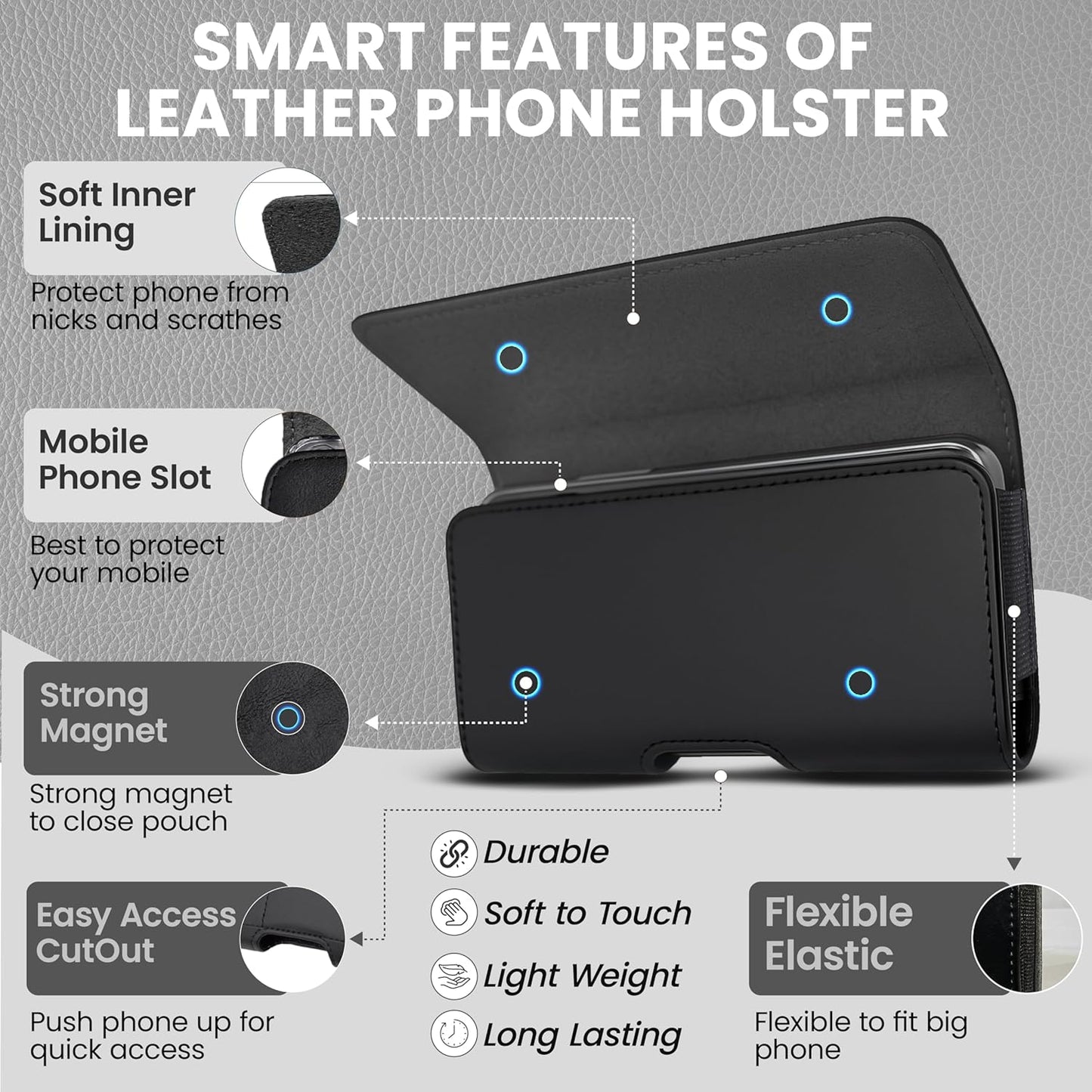 Leather Phone Holster for Men, Horizontal Cell Phone Case, Fits iPhone 17/17 Pro 16/16 Pro 16e 15/15 Pro 14/14 Pro 13/13 Pro 12/12 Pro 11 XR, Belt Clip Phone Pouch Holder, Black Medium.