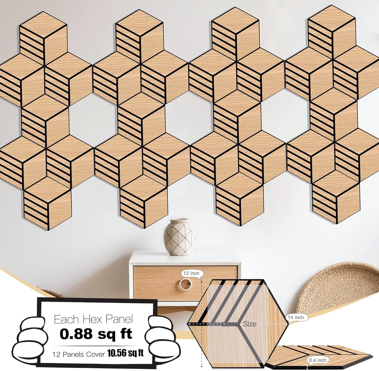 Mollywell Hexagon Acoustic Panels, Natural Oak S4, 14x12x0.4 Inch, 12 Pack |Wood Veneer|High Density Sound Proofing Wall Panels|Self Adhesive Sound Dampening Felt Wall Tiles|Home Theater|Gaming Room|