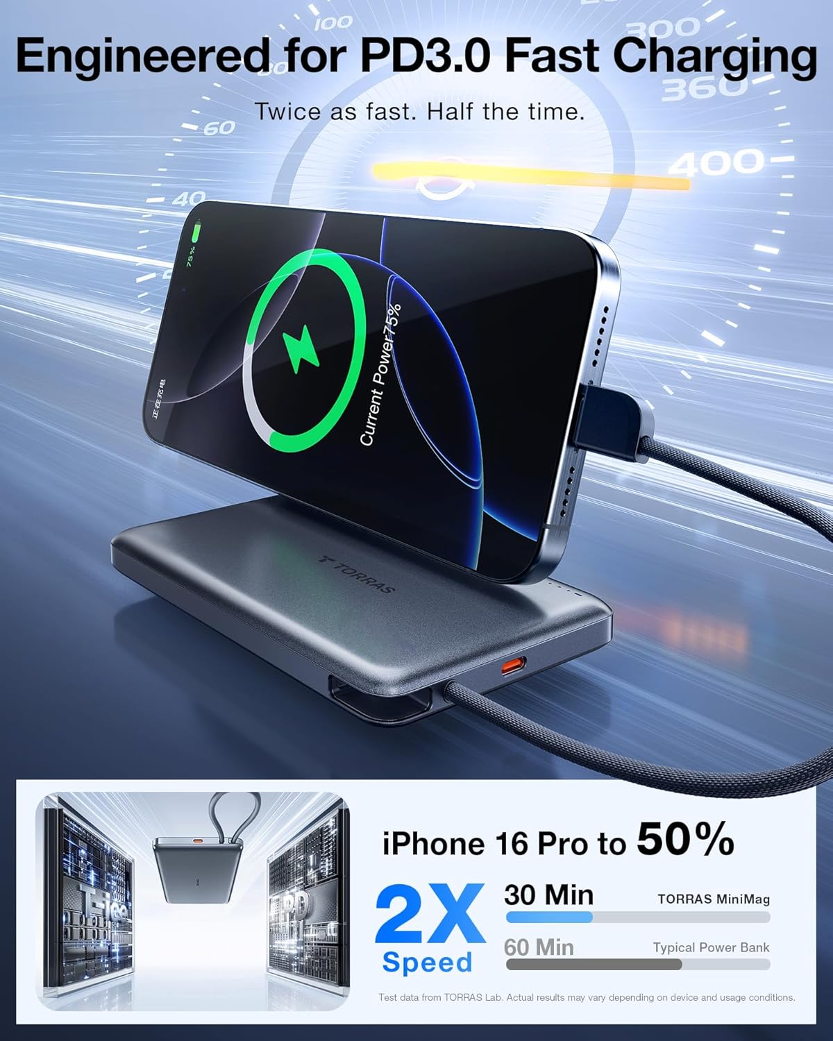 TORRAS Power Bank with Built-in USB-C Cable, Ultra-Slim 10,000mAh Portable Charger USB C, 22.5W Fast Charging Battery Pack for iPhone 16/15/Samsung S24 Ultra/Android, Glacier Grey (No-Wireless)