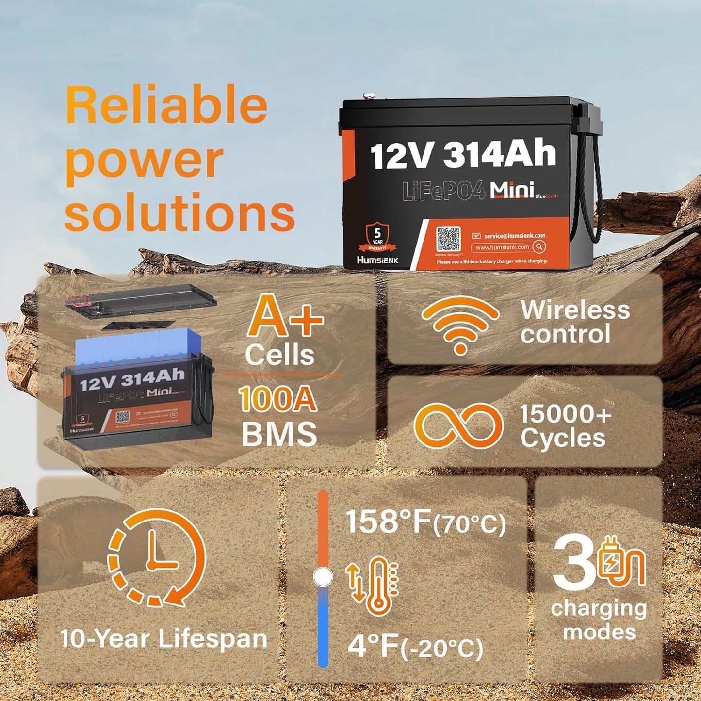 2 PCS Bluetooth 12V 314Ah LiFePO4 Lithium Battery MINI, Max. 4190Wh Energy, EV A+ Cells, Built-in 100A BMS, 15000 Deep Cycles Battery with Low-Temp Protection for RVs, Solar System, Off-Grid